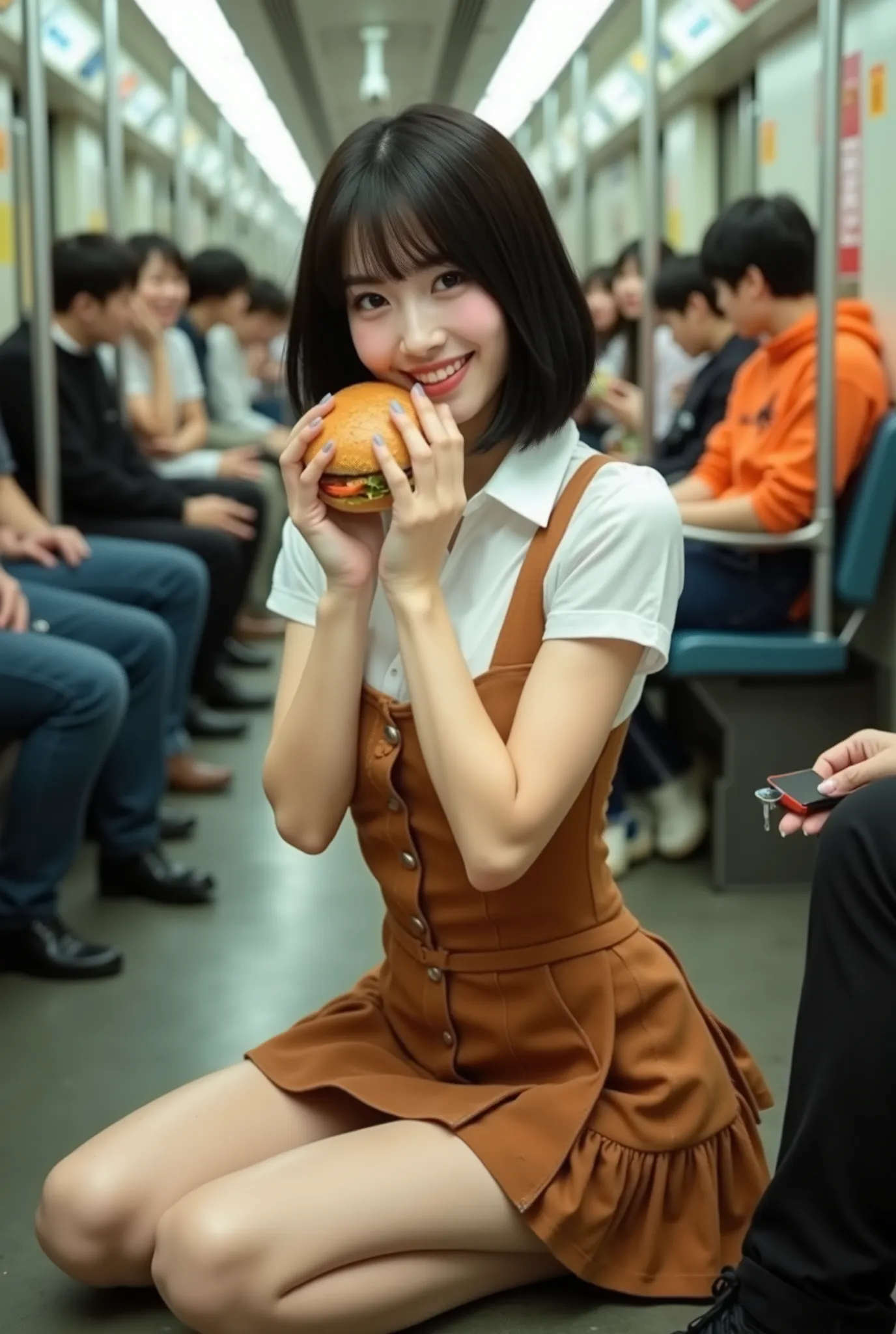 Create a portrait of a beautiful Japanese singer with a slender figure, medium bust, and thin legs. She has medium-length hair and is wearing a waitress outfit inspired by a Western saloon, featuring a skirt with a small apron design. The scene is set insi...