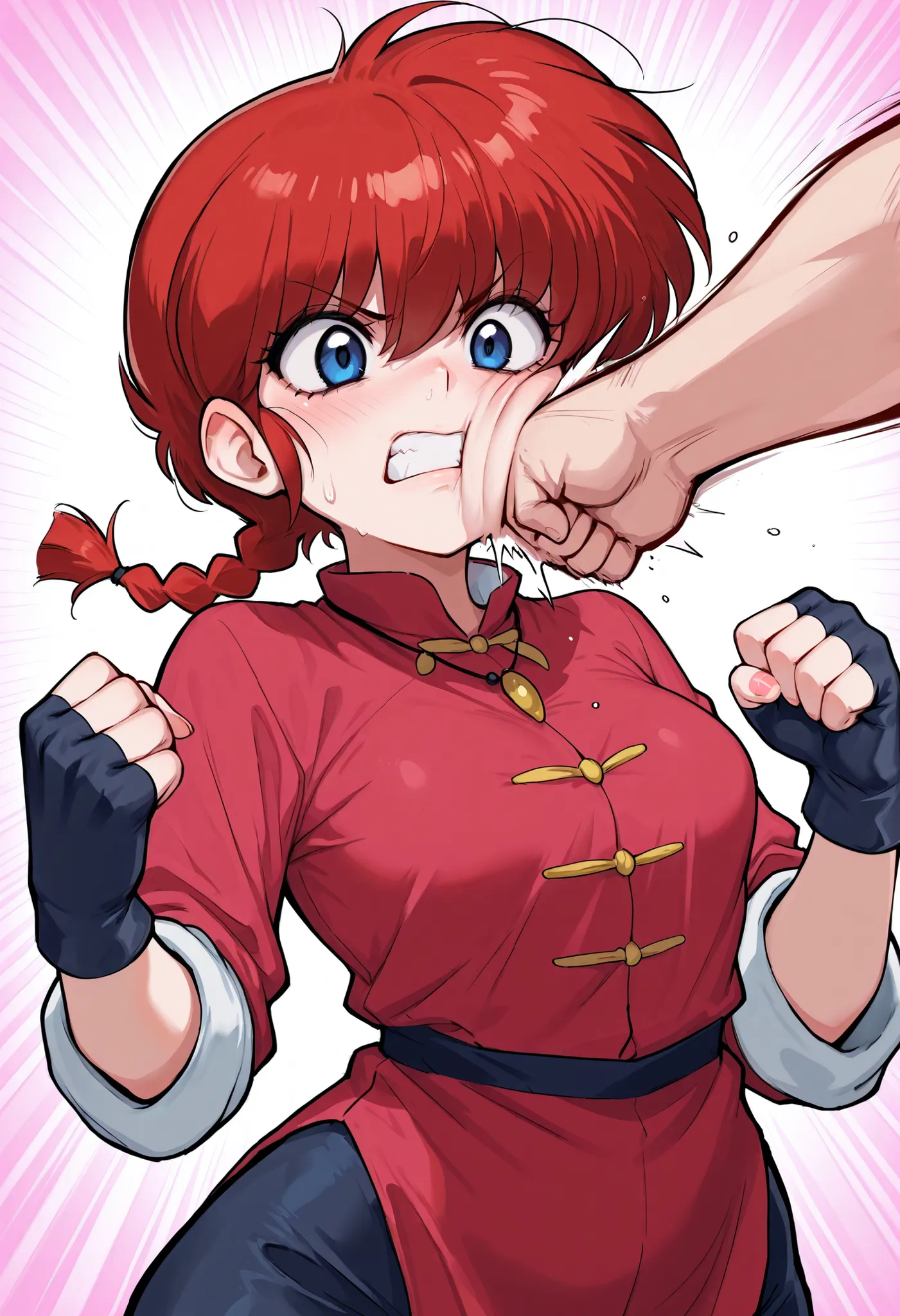 safe_pos, Ranma Saotome. red hair. pigtail. blue eyes. braid. small breasts. huge hips. necklace. black eyeliner. pink manicure. | masterpiece, best quality, amazing quality, face punch, fingerless gloves, punching, clenched teeth, emphasis lines, upper bo...