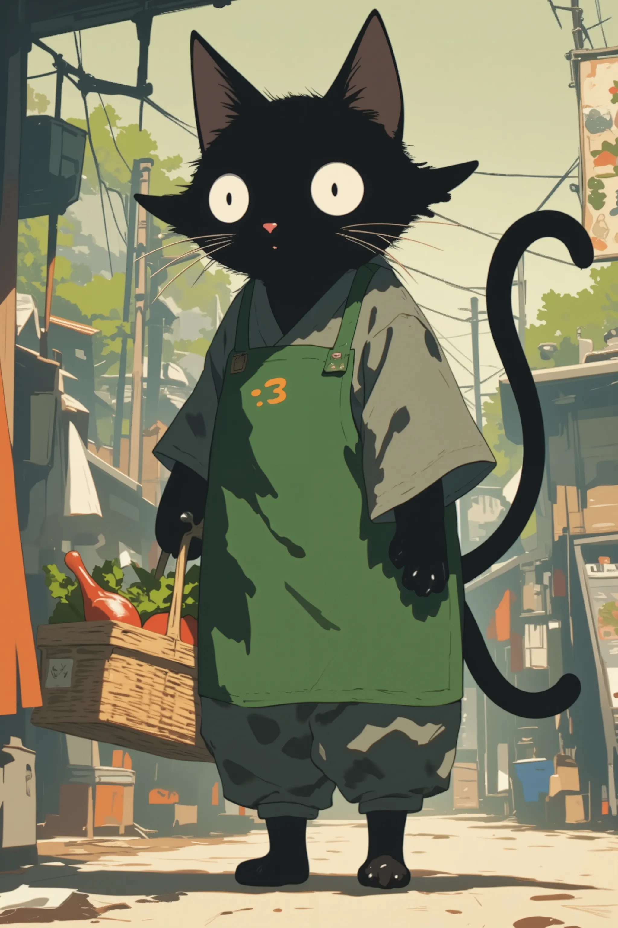 black cat walking on two legs bigger than humans \Shōjō, wearing a green apron , gray coat from nose to stomach, Gray mouth , ears are down, Ears facing outward , poor eyesight , half-moon like eyes, The iris has thin , charming face, :3, shopping ...