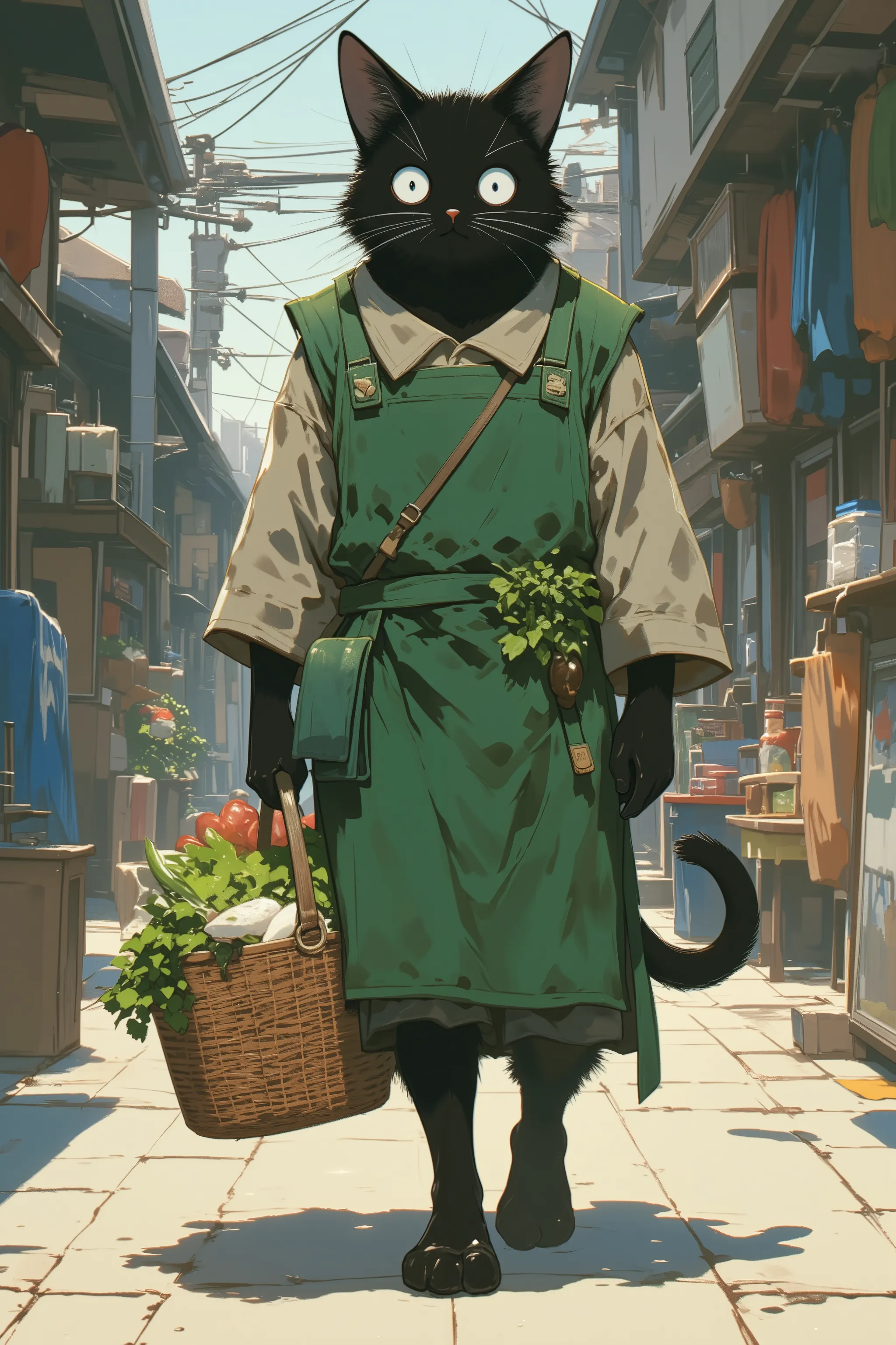  black cat walking on two legs bigger than humans \Shōjō,  wearing a green apron ,  gray coat from nose to stomach, Gray mouth ,  ears are down, Ears facing outward ,  poor eyesight ,  half-moon like eyes, The iris has thin ,  charming face, :3,  shopping ...