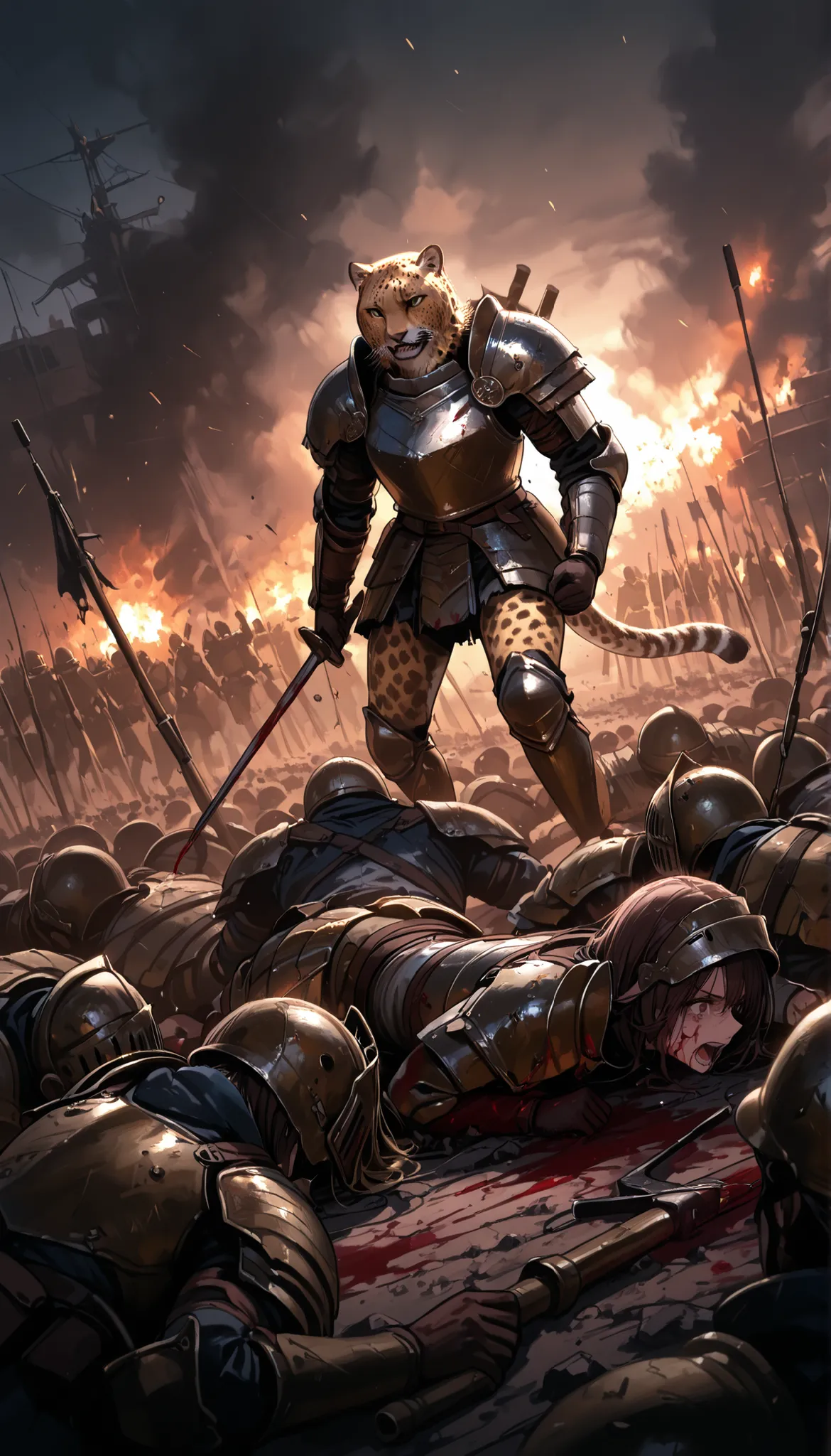 battlefield, riots, chaos, blood, murder, many cheetah troops, armor, war
