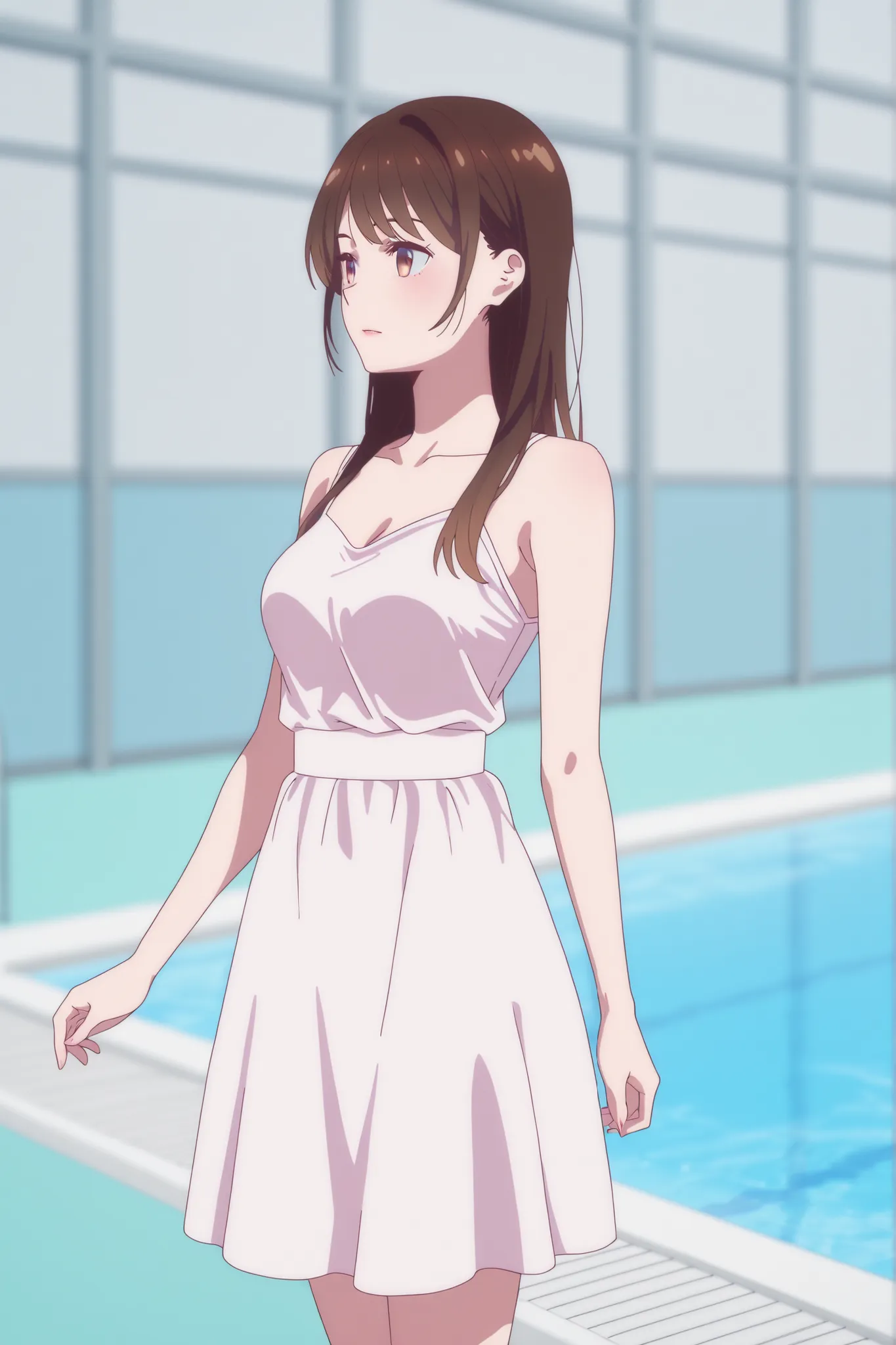 Came out of the pool wearing a pink and white dress、Japanese woman with medium brown hair