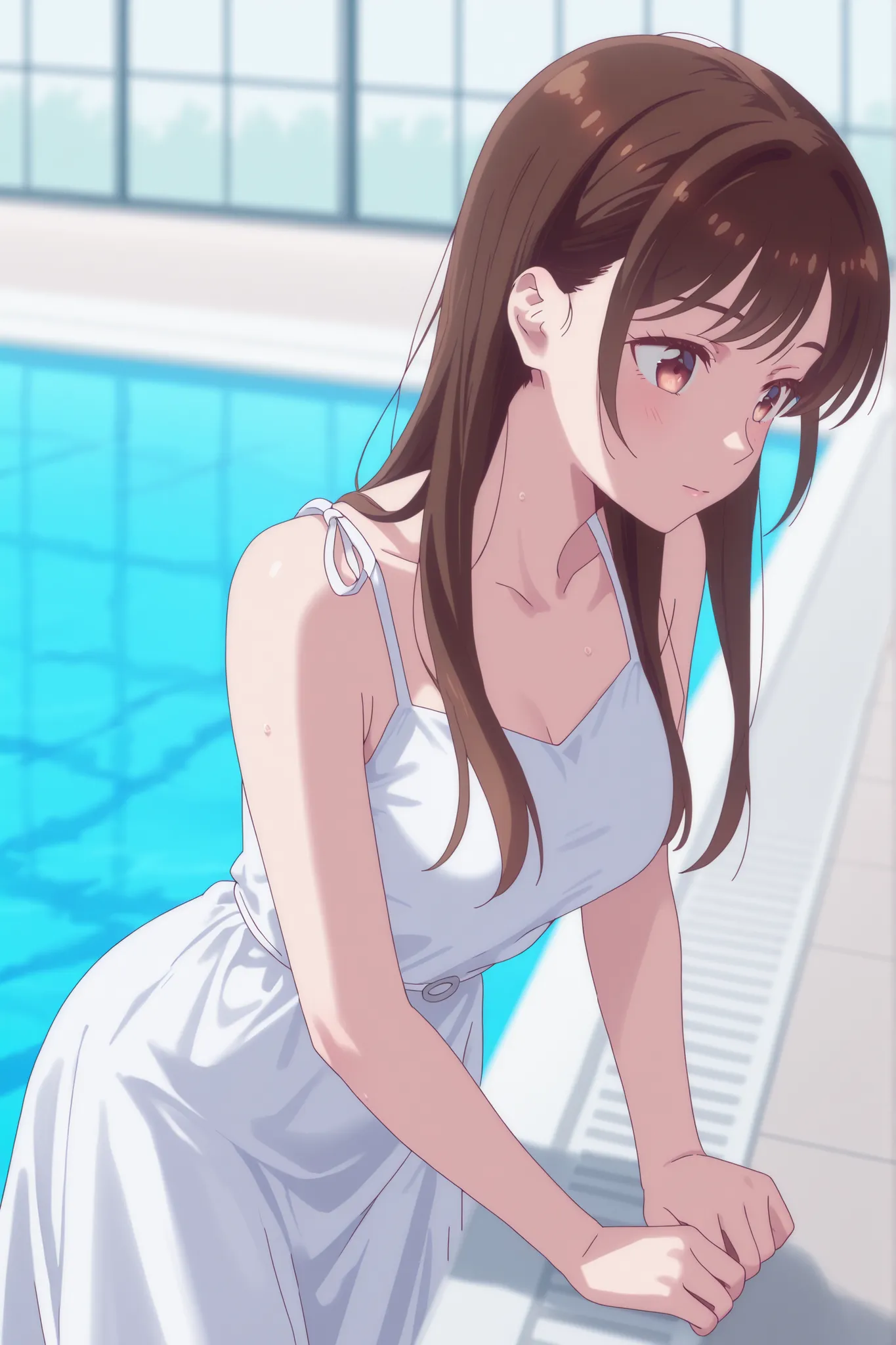 Came out of the pool wearing a pink and white dress、Japanese woman with medium brown hair