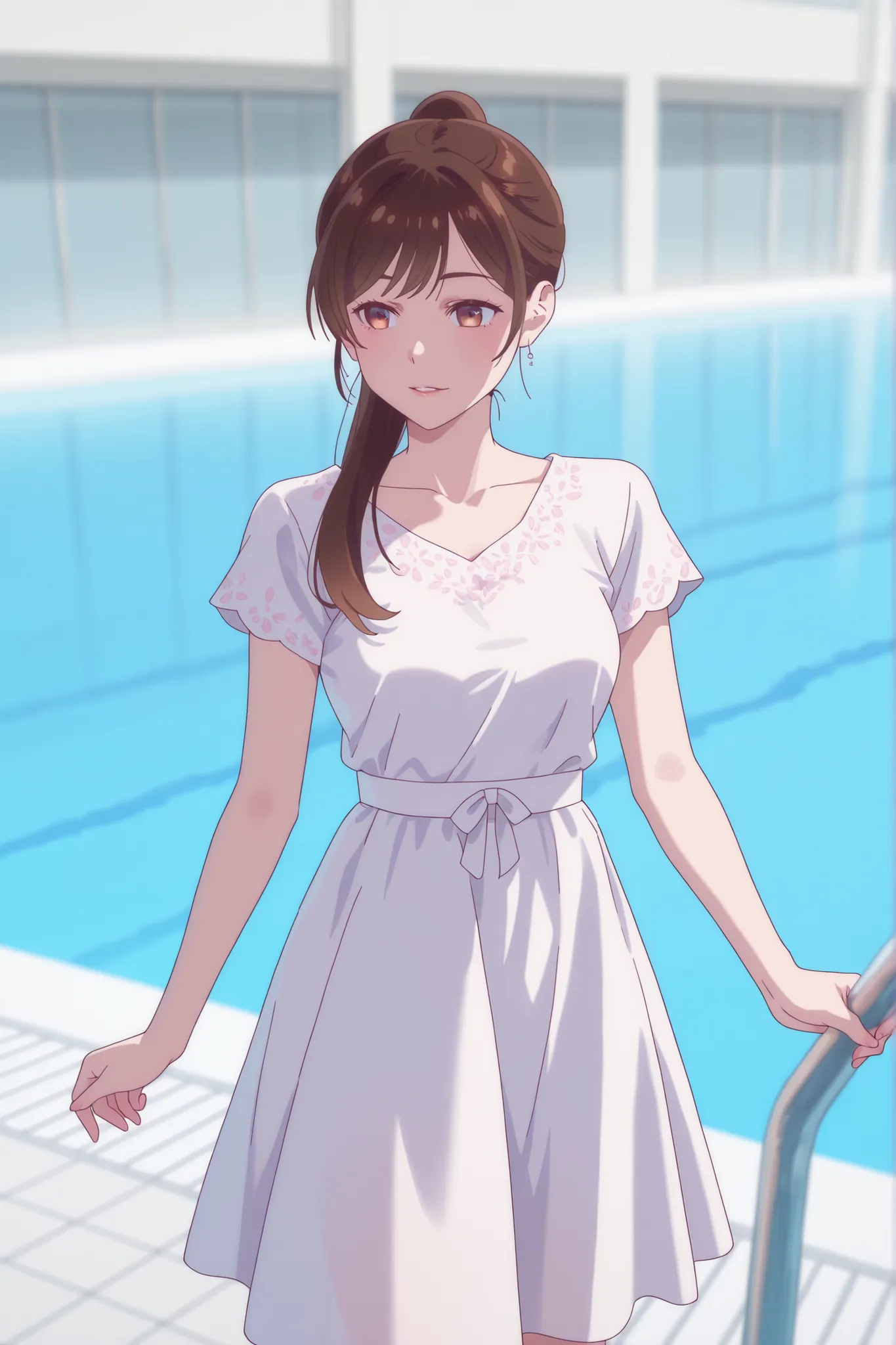 Came out of the pool wearing a pink and white dress、Japanese woman with medium brown hair