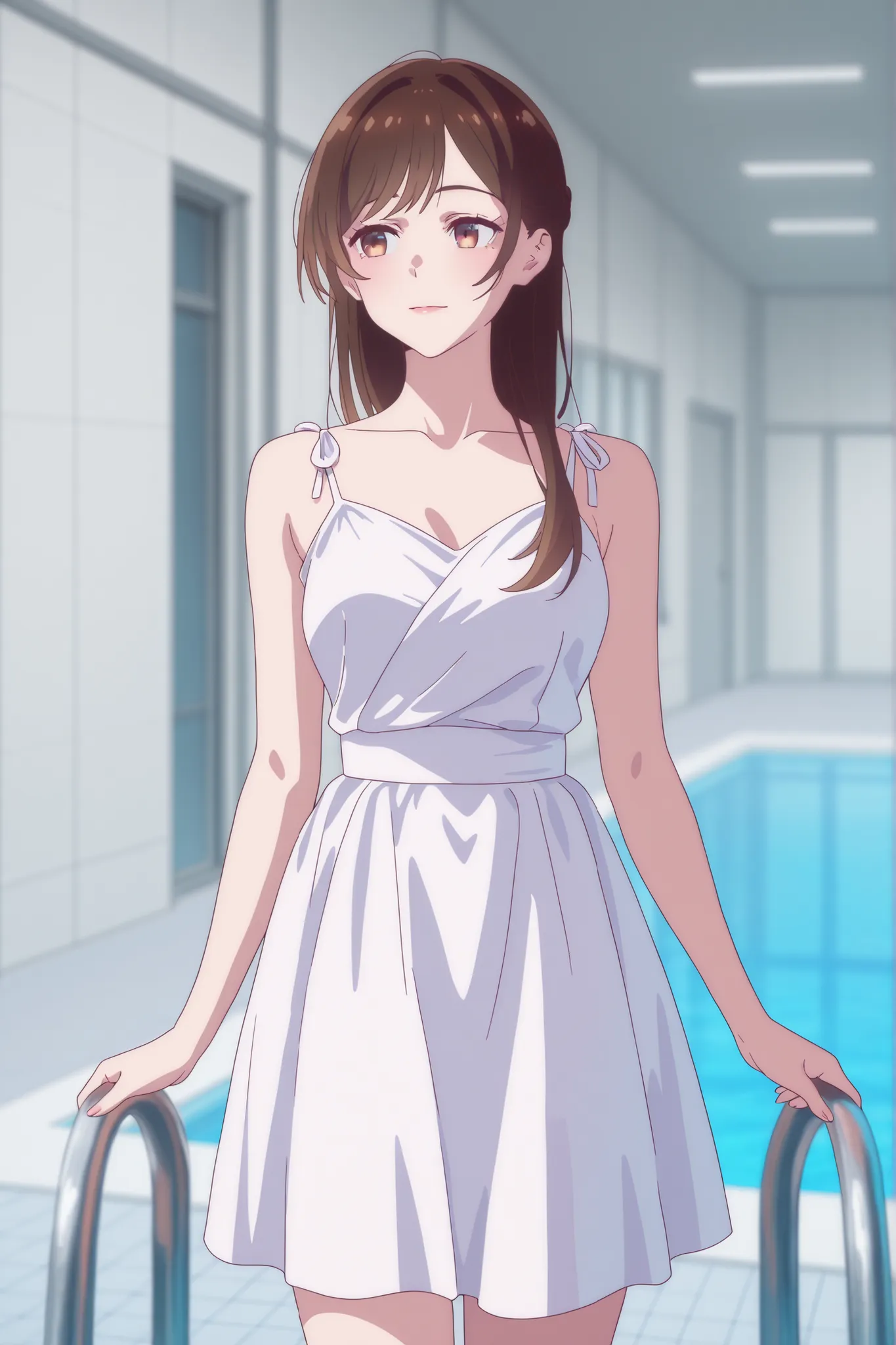 Came out of the pool wearing a pink and white dress、Japanese woman with medium brown hair