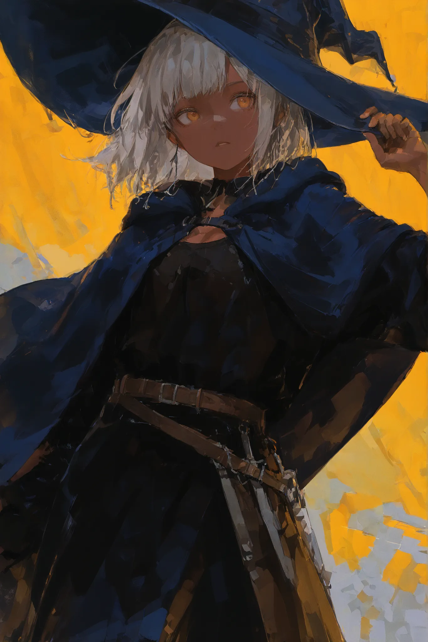 1 girl、Wizard、brown skin、Gray Hair、Big Witch Hat 、Bend your elbows、Highest Quality、masterpiece