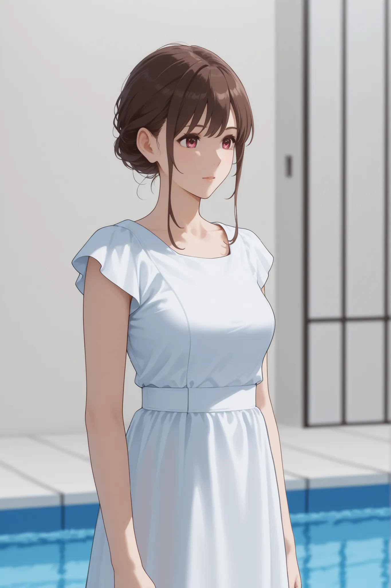 came out of the pool in a black and white dress、Japanese woman with medium brown hair