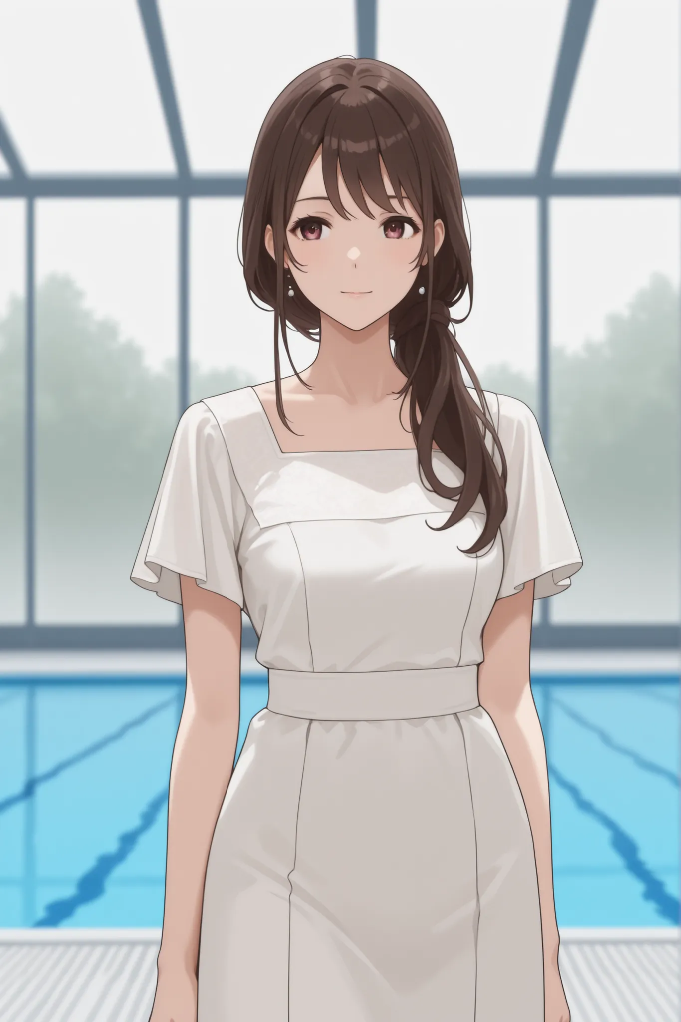 came out of the pool in a black and white dress、Japanese woman with medium brown hair