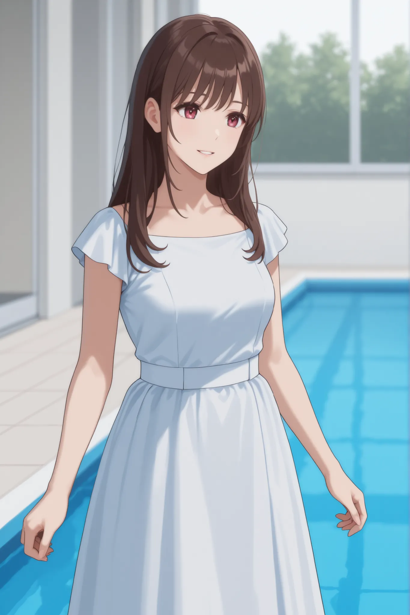 came out of the pool in a black and white dress、Japanese woman with medium brown hair