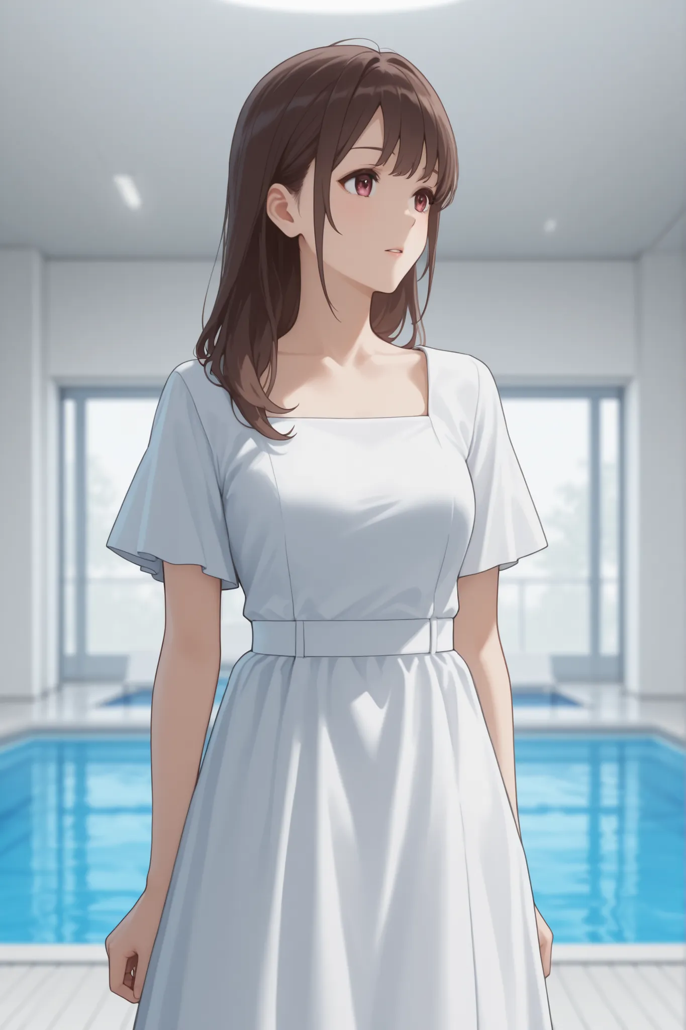 came out of the pool in a black and white dress、Japanese woman with medium brown hair