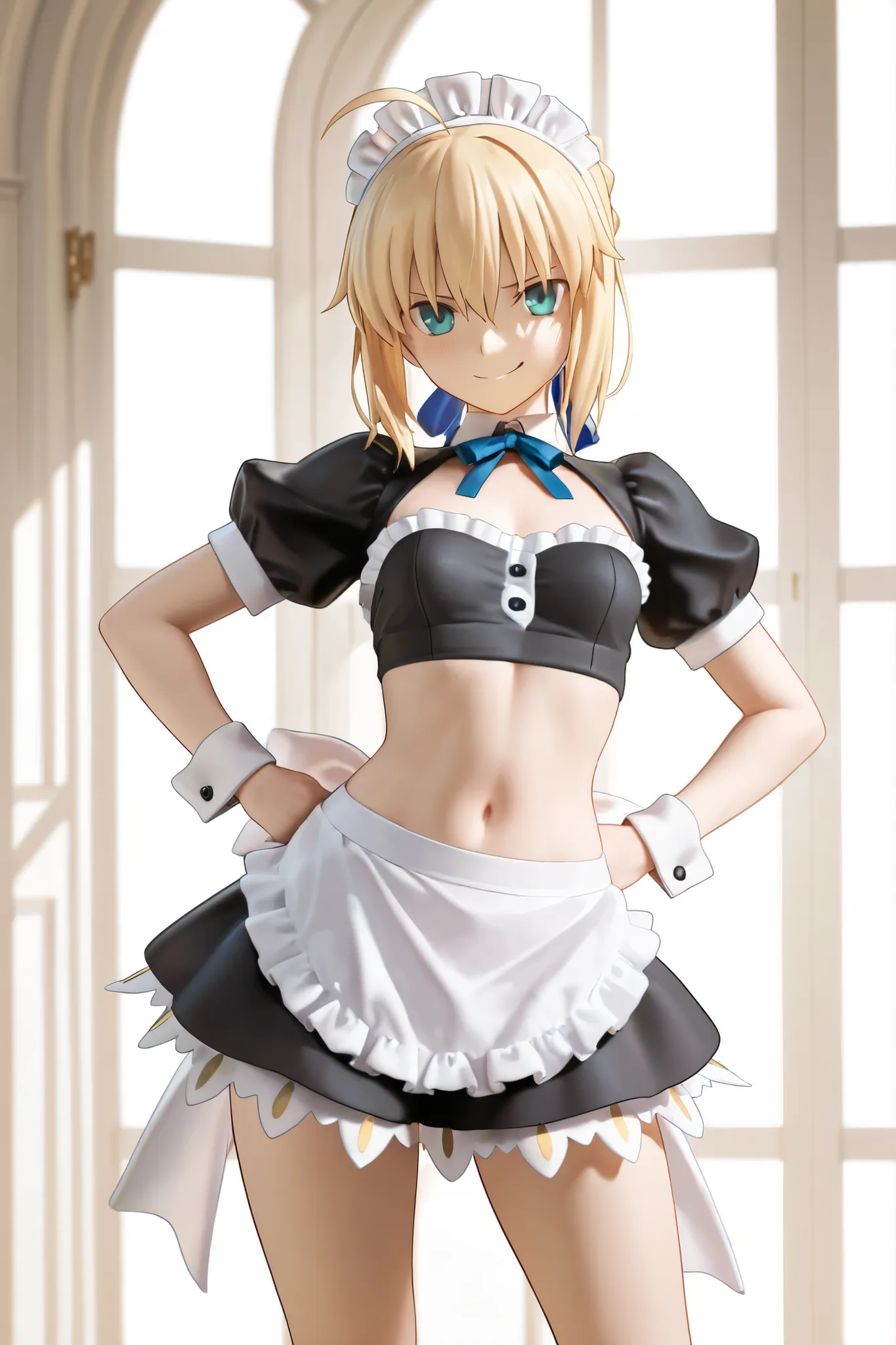 masterpiece,Highest Quality,high definition,very detailed,Saber\(Fate/GrandOrder\),maid clothes,Crop top,miniskirt, luxury mansion,Face that's not even satisfied ,Smirking face
