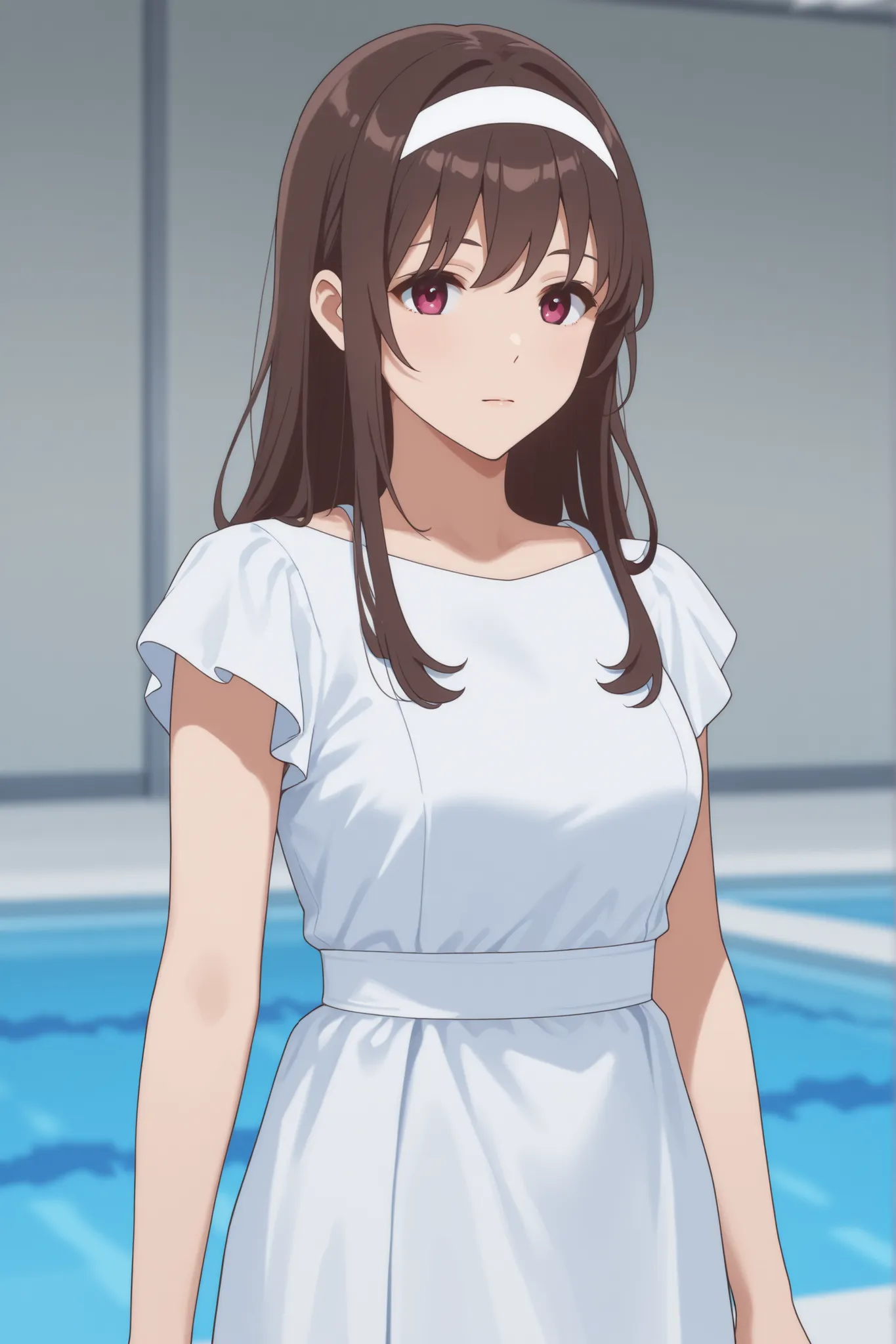 came out of the pool in a black and white dress、Japanese woman with medium brown hair wearing a white headband