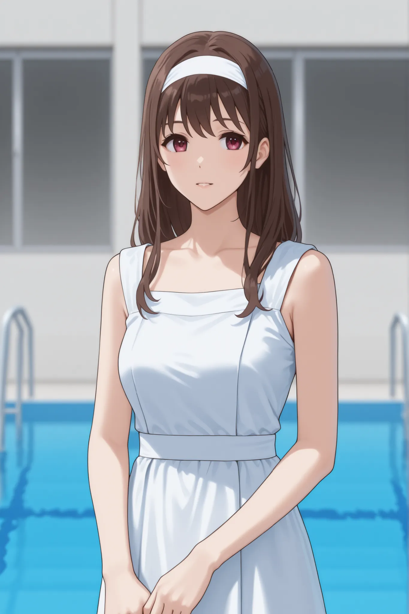 came out of the pool in a black and white dress、Japanese woman with medium brown hair wearing a white headband