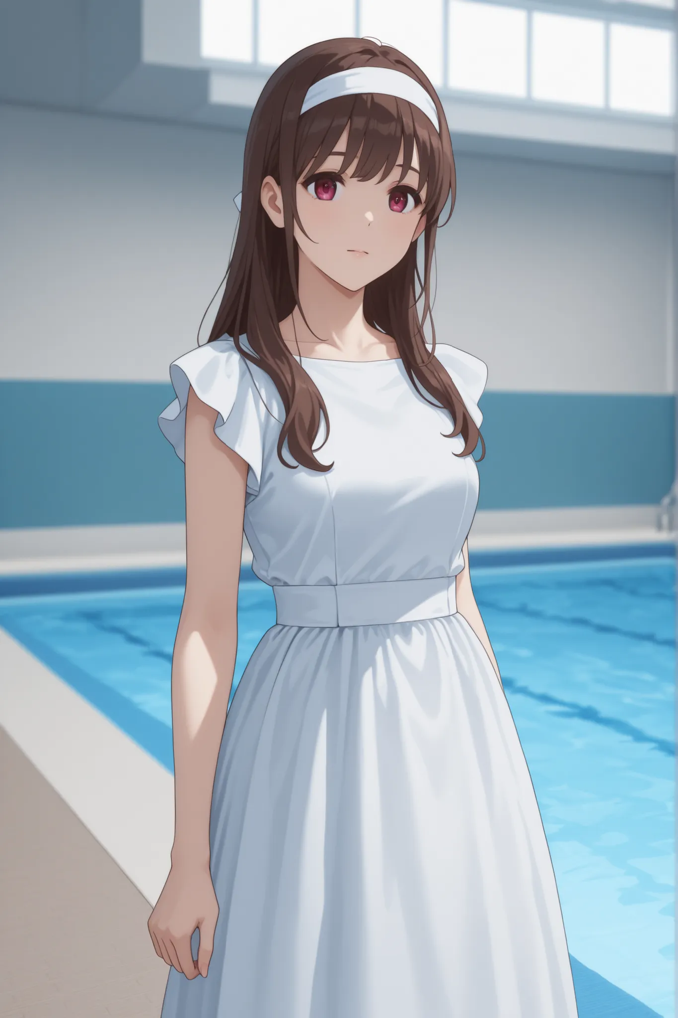 came out of the pool in a black and white dress、Japanese woman with medium brown hair wearing a white headband