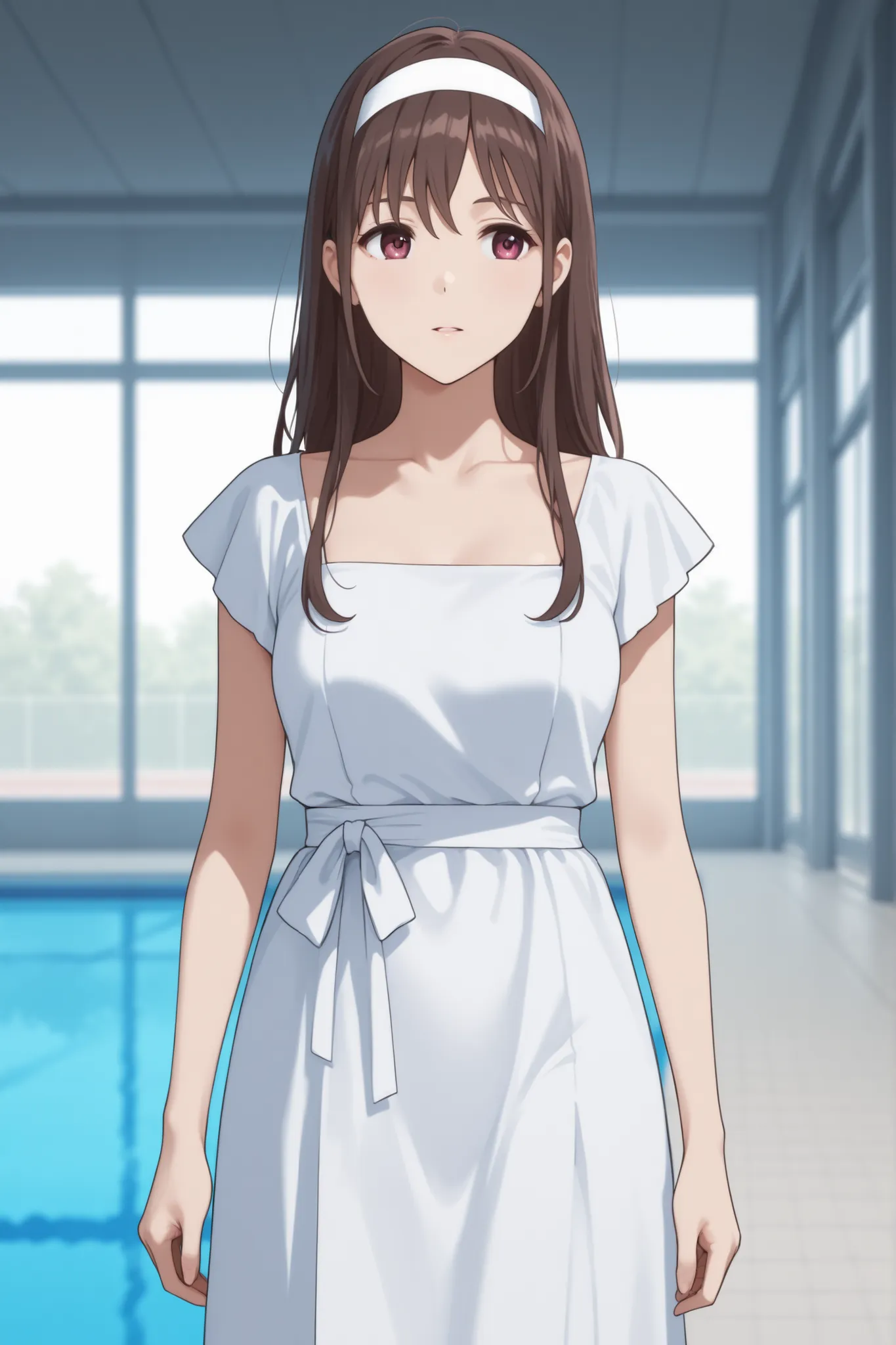 came out of the pool in a black and white dress、Japanese woman with medium brown hair wearing a white headband