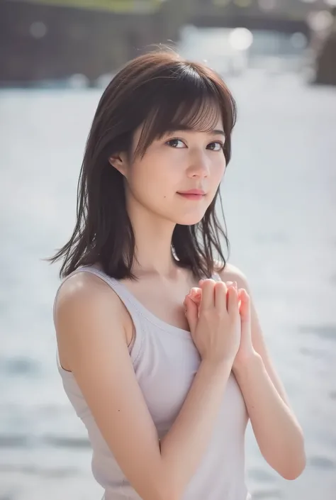 (she firmly shaped a big heart with both hands、holding it in front of her chest:1.67), (masterpiece), (Highest Quality), ( very well detailed ), ( one girl shaking her hips), (Wearing a sexy bikini swimsuit:1.6), is standing in the center, ( super precis...