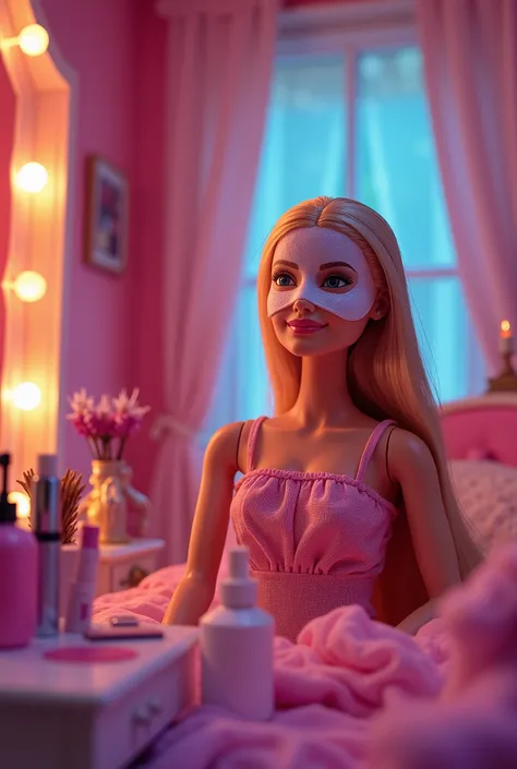 Create a whimsical bedroom scene featuring a Barbie doll in front of a vanity. The Barbie is wearing a sheet mask, surrounded by beauty products and accessories. The setting is illuminated with cinematic lighting, creating a dreamy and enchanting atmospher...