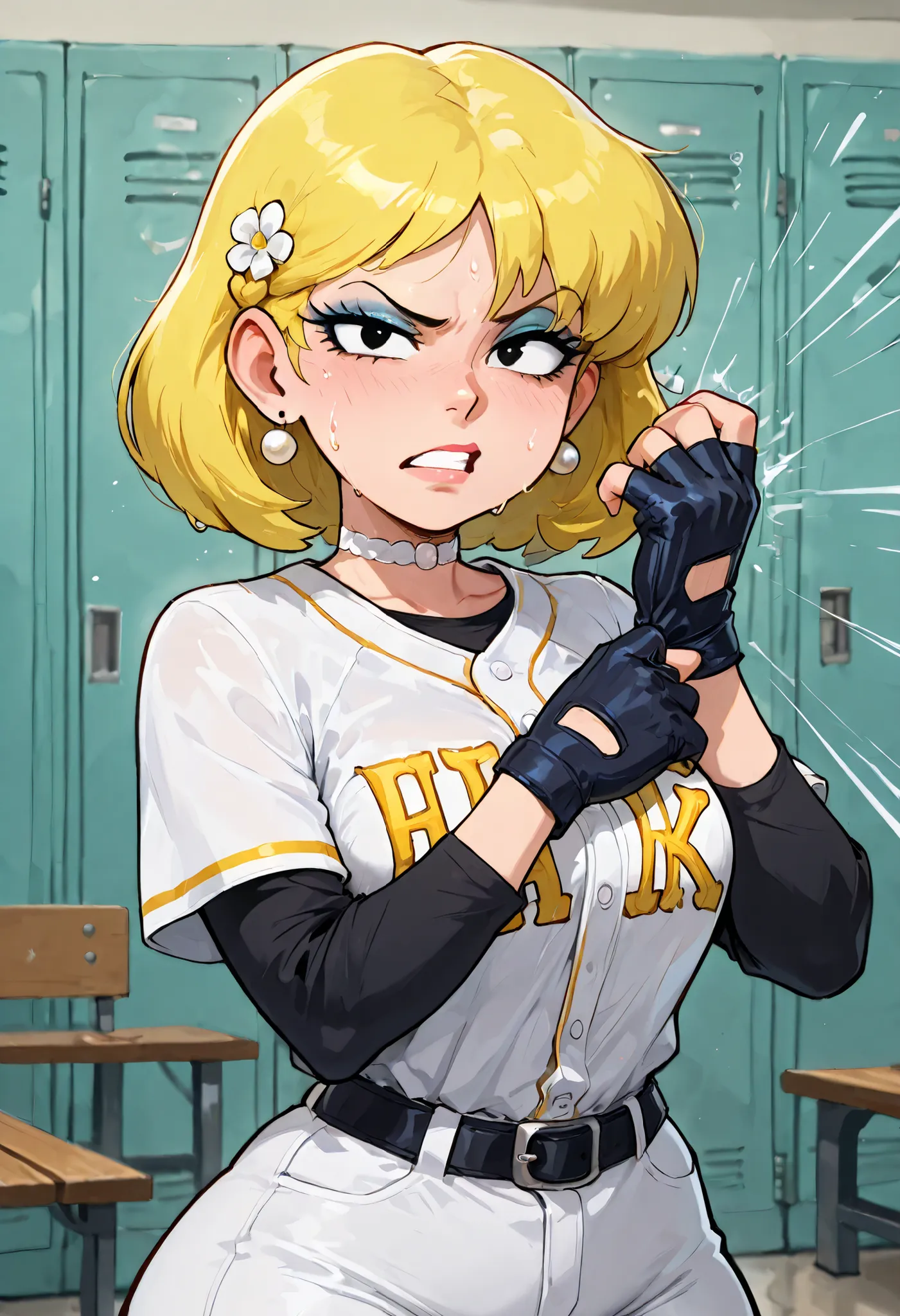 Lori Loud. medium breasts, huge hips, blonde hair, black eyes, blue eyeshadow, pearl earrings, white earrings. choker.| masterpiece, best quality, 1girl, solo, hair flower, braided hair ring, baseball jersey, baseball uniform, long sleeves, undershirt, whi...