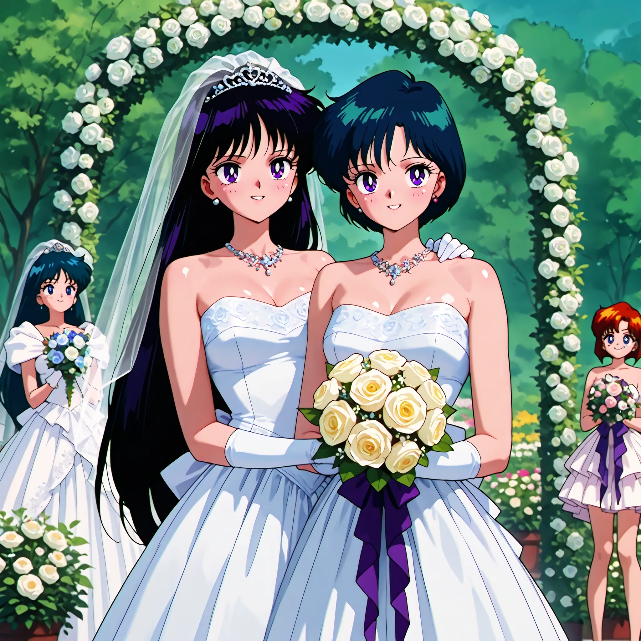 masterpiece,best quality,amazing quality, clear skin, ultra-detailed-eyes, soft skin, very awa, very as2, shiny skin, shiny hair, soft body, 90's style, official art, 2girls, hino rei,black hair, long hair,purple eyes,parted bangs, with Ami Mizuno, short ...