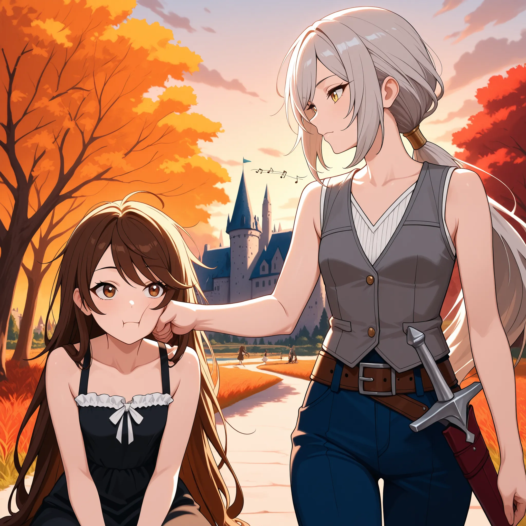(masterpiece:1.2, Best Quality), (finely detailed beautiful eye: 1.2), (beautiful detailed face), close up, 2girls, dusk, close up, similar size,upper body, shade, tree branches, walking, character: brown hair, brown eyes , very long hair , swept bangs thi...
