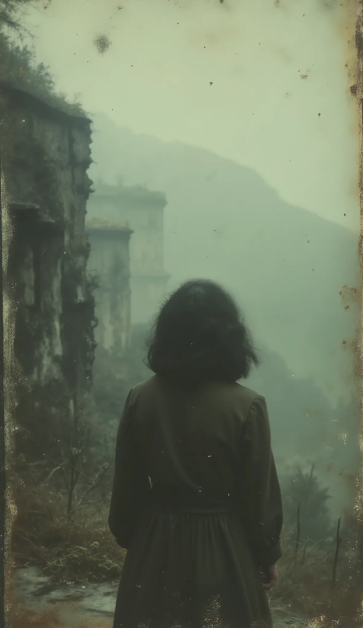 1930 woman in a black dress standing on the edge of a cliff on her back, his face is not seen, As the fog clears, seen from above, vintage style with soft and melancholic lighting. cinematographic.