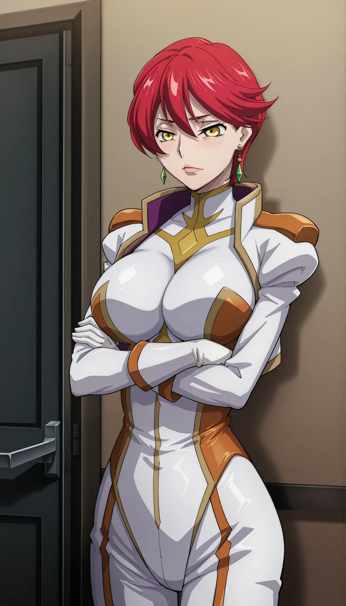 narah_pilotsuit,narah vaughn,1girl,solo,red hair, crossed arms,short hair,breasts ,yellow eyes,gloves,jewelry,earrings,lipstick,large breasts,mature female,MILF, standing , score_9, score_8_up, score_7_up, score_6_up, score_5_up, score_4_up , narah_pilotsu...