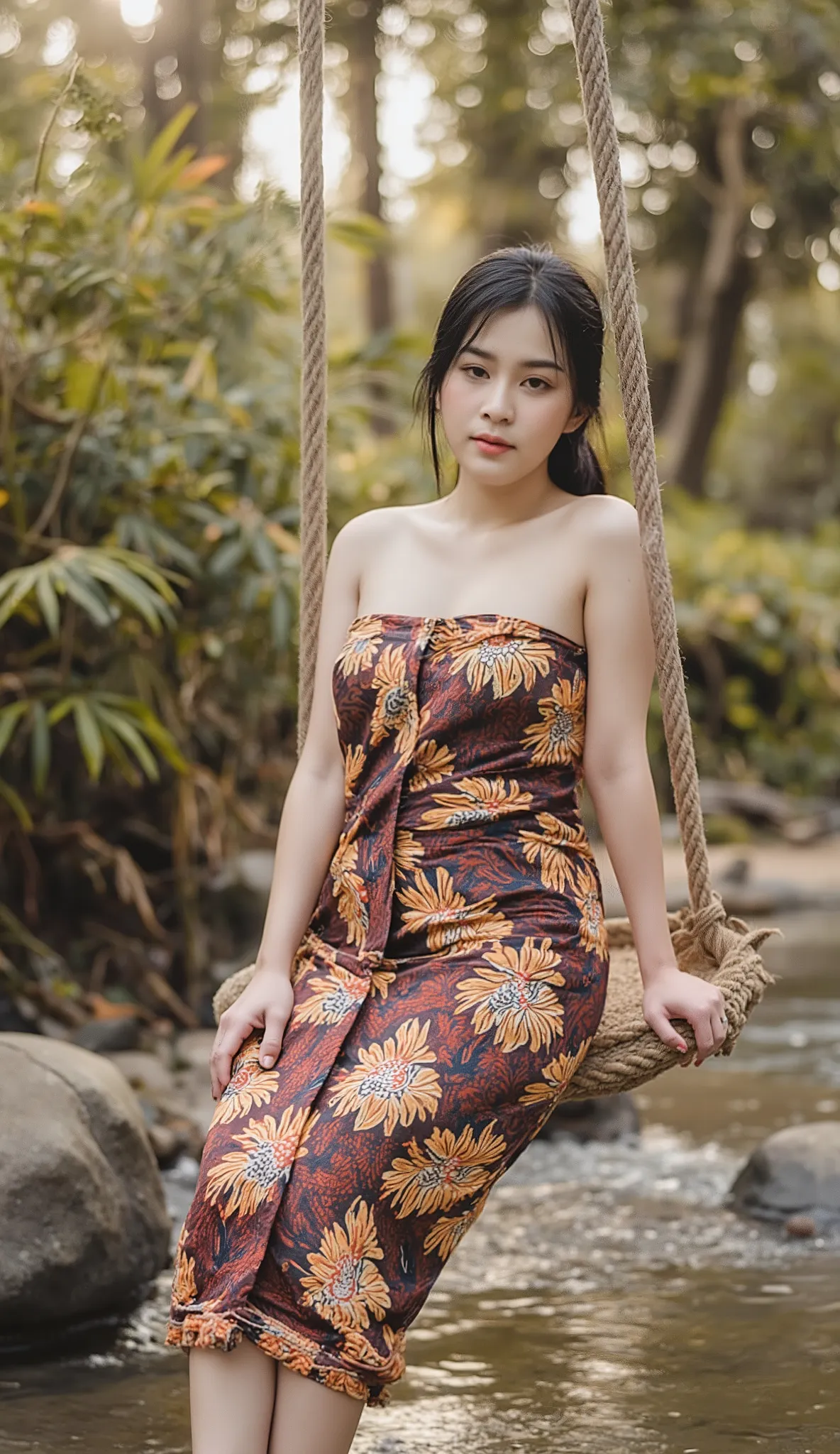 . The image of a peaceful river accompanied by a young woman with beautiful breasts , sitting on a rope swing tied to a large tree by the river bank, , she gazes at the clear stream . Wearing a Thai sarong fabric , Shoulder-length black hair tied in a pony...