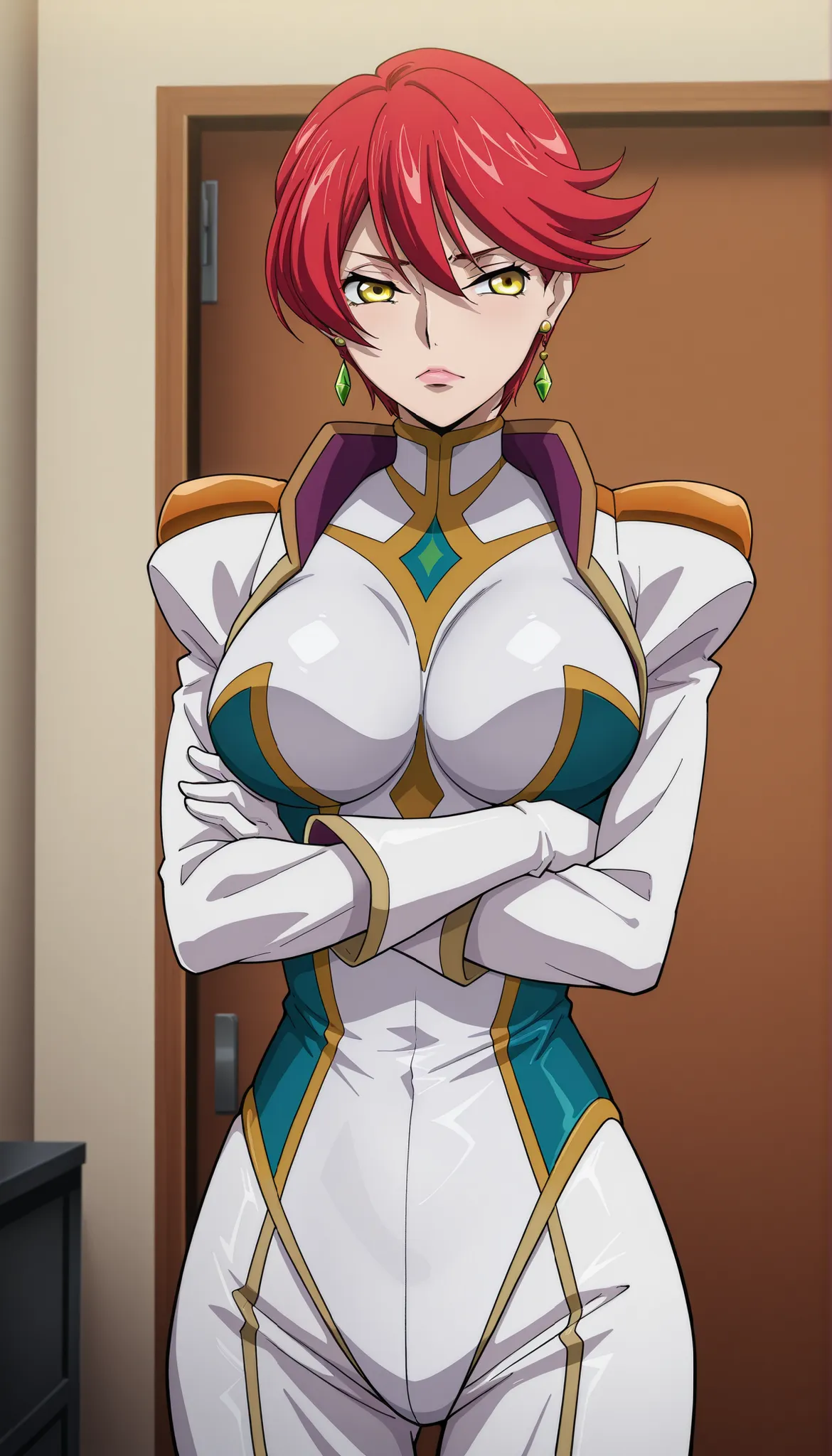 narah_pilotsuit,narah vaughn,1girl,solo,red hair, crossed arms,short hair,breasts ,yellow eyes,gloves,jewelry,earrings,lipstick,large breasts,mature female,MILF, standing , score_9, score_8_up, score_7_up, score_6_up, score_5_up, score_4_up , narah_pilotsu...