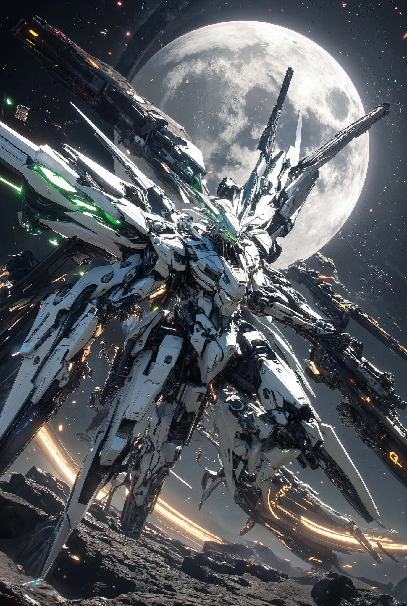 Freedom Gundam 、 Hyperrealism Art BJ _ Japanese Anime 、alone , green_eye , Aircraft color_ white ,青いMechaウイング , holding , weapons , holding_ gun , no _human , Shine , robot ,Mecha , flying , science_ fiction , Cinematic Light , strong contrast , high imag...
