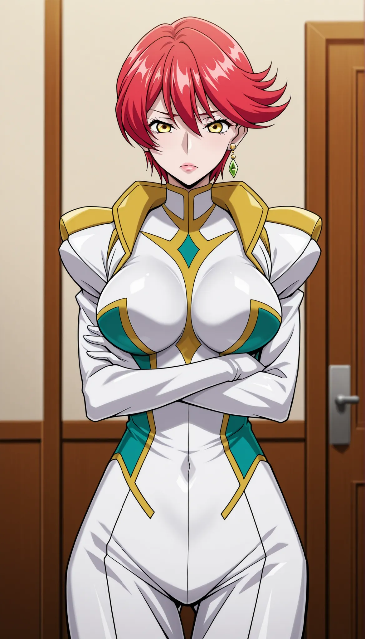 narah_pilotsuit,narah vaughn,1girl,solo,red hair, crossed arms,short hair,breasts ,yellow eyes,gloves,jewelry,earrings,lipstick,large breasts,mature female,MILF, standing , score_9, score_8_up, score_7_up, score_6_up, score_5_up, score_4_up , narah_pilotsu...