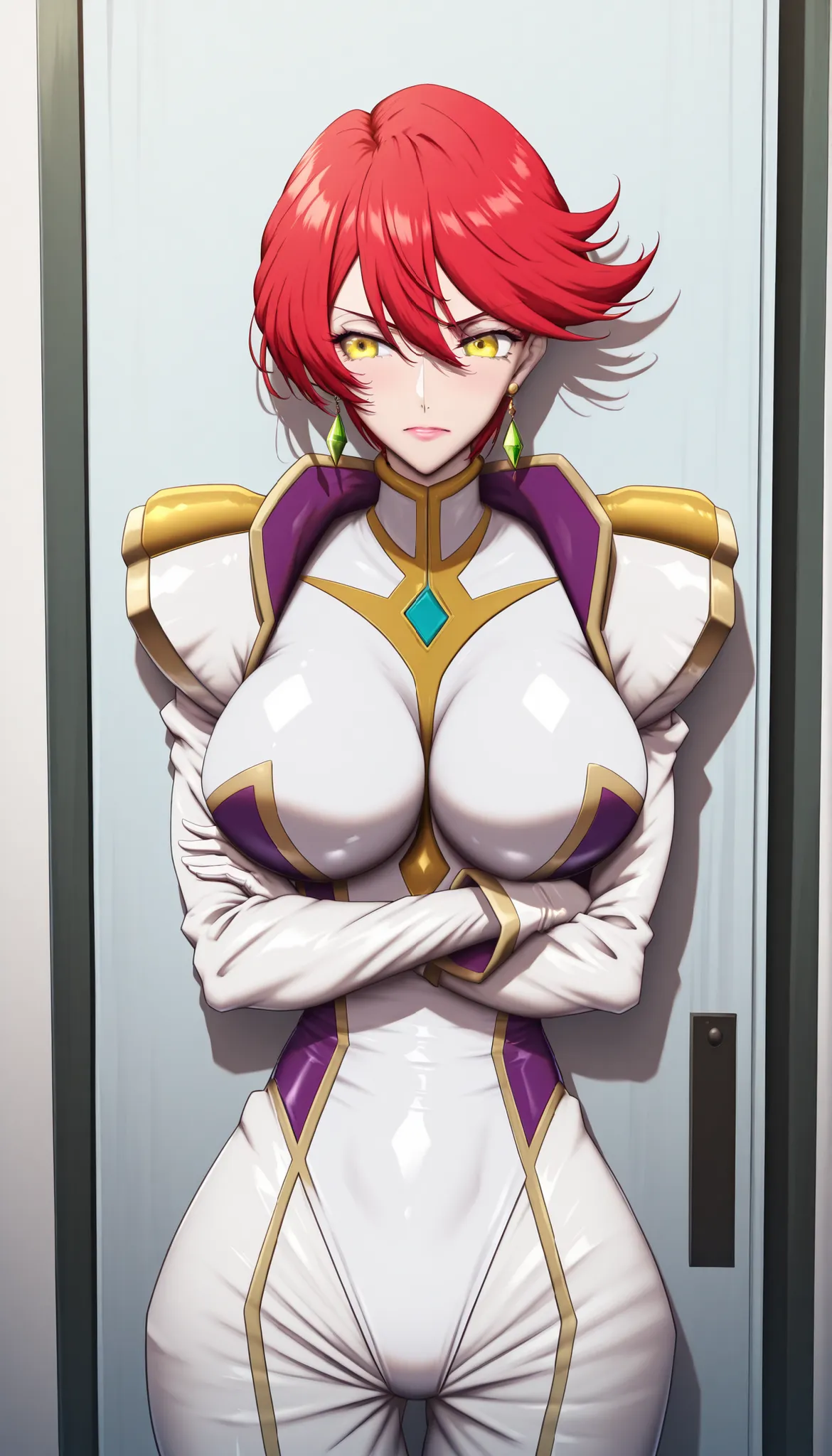 narah_pilotsuit,narah vaughn,1girl,solo,red hair, crossed arms,short hair,breasts ,yellow eyes,gloves,jewelry,earrings,lipstick,large breasts,mature female,MILF, standing , score_9, score_8_up, score_7_up, score_6_up, score_5_up, score_4_up , narah_pilotsu...