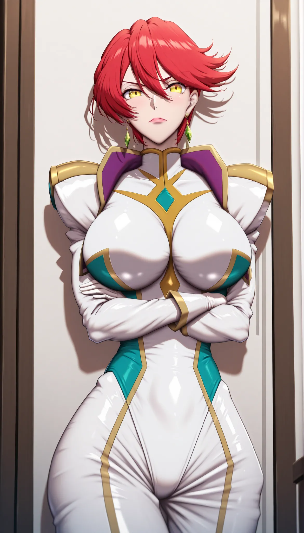 narah_pilotsuit,narah vaughn,1girl,solo,red hair, crossed arms,short hair,breasts ,yellow eyes,gloves,jewelry,earrings,lipstick,large breasts,mature female,MILF, standing , score_9, score_8_up, score_7_up, score_6_up, score_5_up, score_4_up , narah_pilotsu...