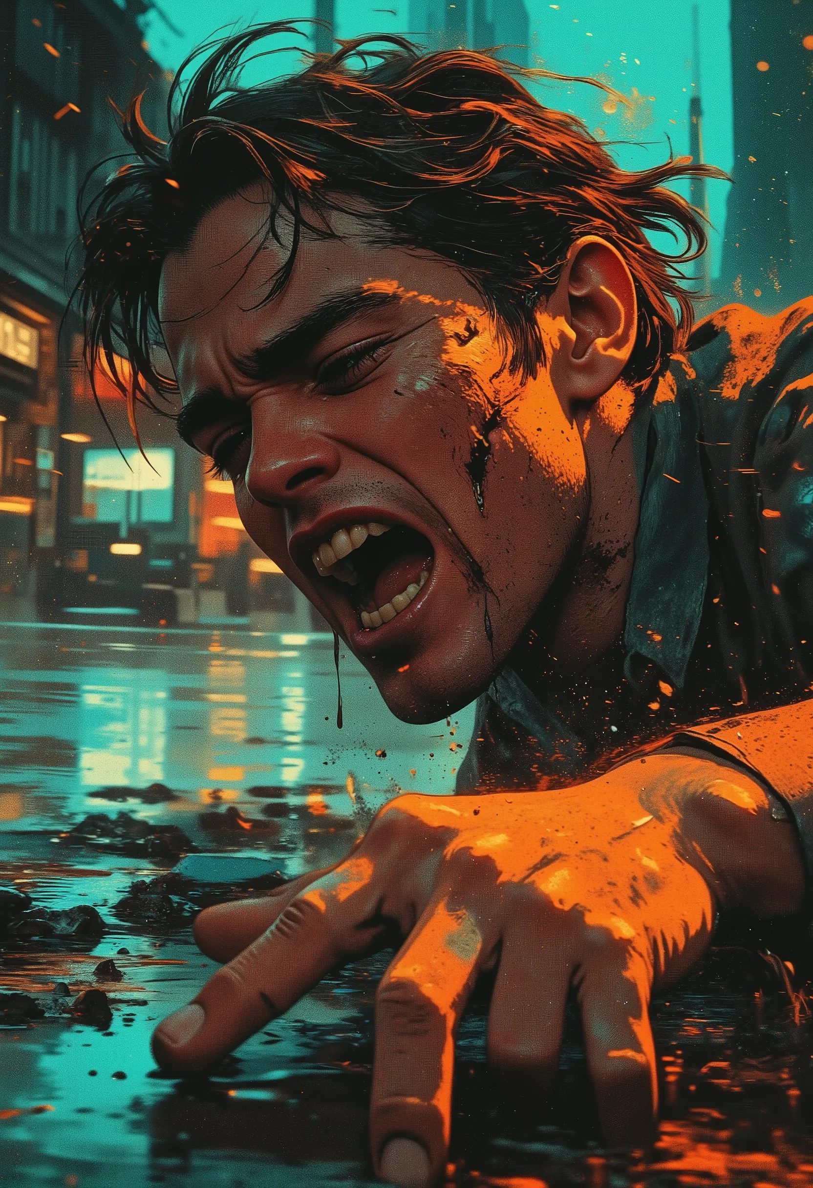 Intense action shot. Extremely dynamic pose, character in the middle of movement. An extremely detailed close-up shot of a young man's face at the moment of hitting the asphalt after he was hit by a car. Shock, pain, and suffering are reflected on his face...