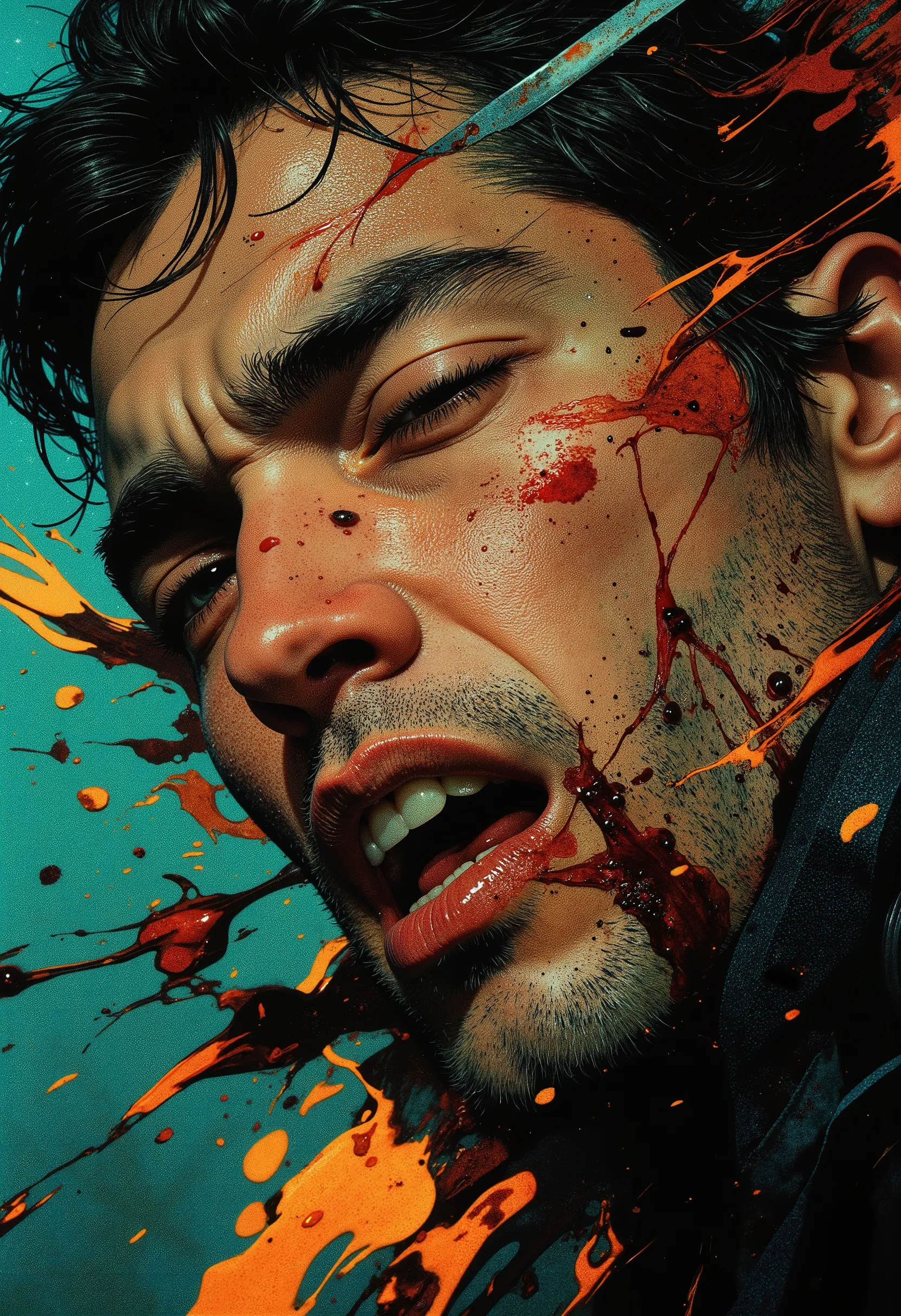 Intense action shot. Extremely dynamic pose, character in the middle of movement. An extremely detailed close-up shot of a young man's face at the moment of hitting the asphalt after he was hit by a car. Shock, pain, and suffering are reflected on his face...