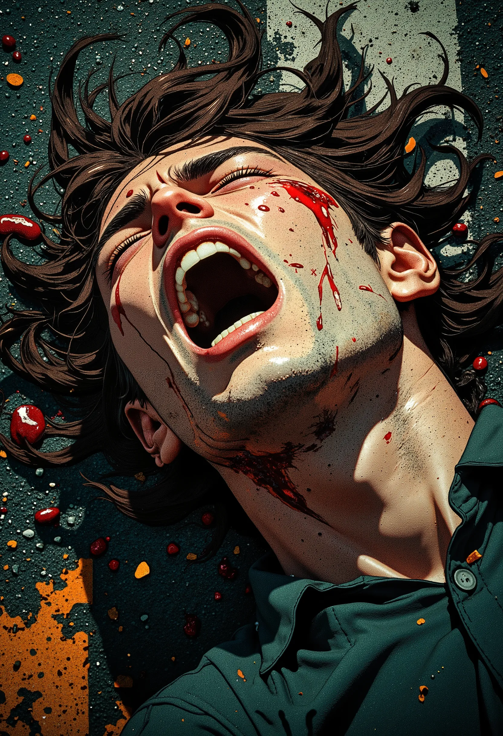Intense action shot. Extremely dynamic pose, character in the middle of movement. An extremely detailed close-up shot of a young man's face at the moment of hitting the asphalt after he was hit by a car. Shock, pain, and suffering are reflected on his face...