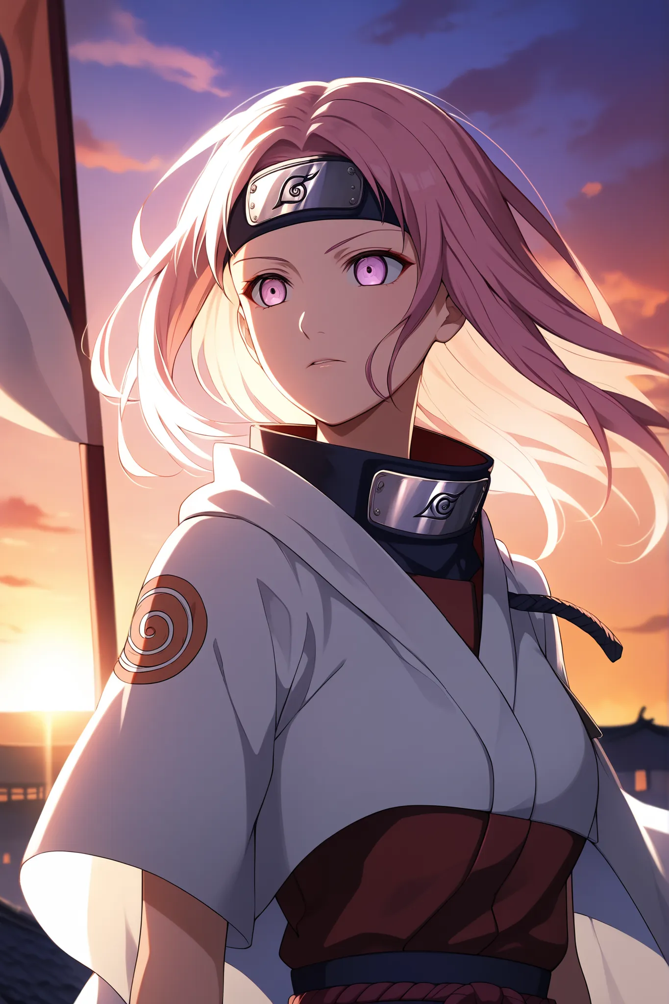 ((masterpiece)), ((RAW 8K)), ((anime-real fusion)), ((hyper-detailed skin texture)), ((studio-quality lighting)), ((sunset glow)), ((dramatic shadows)), Sakura Haruno from Naruto Shippuden, reimagined as the Hokage. Waist-up portrait, standing on the Hokag...