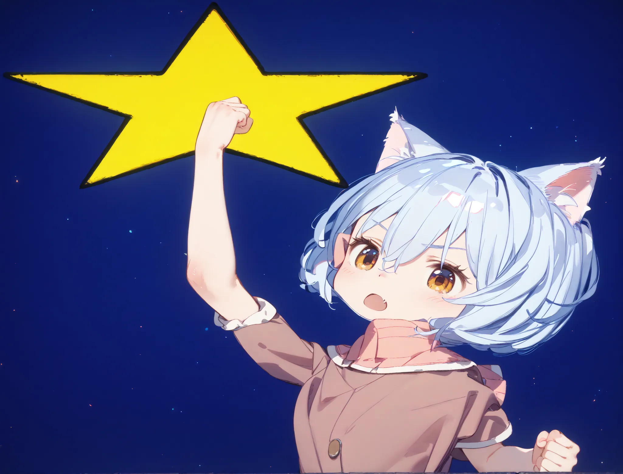 
high image quality、High Quality、8ｋ、4ｋ、Young girl、Juvenile body、 immature body、 lori、 lori体形、Cat ears、cute girl、Swing your fist up 、punch、Ultimate Skill、look up、shout、brave