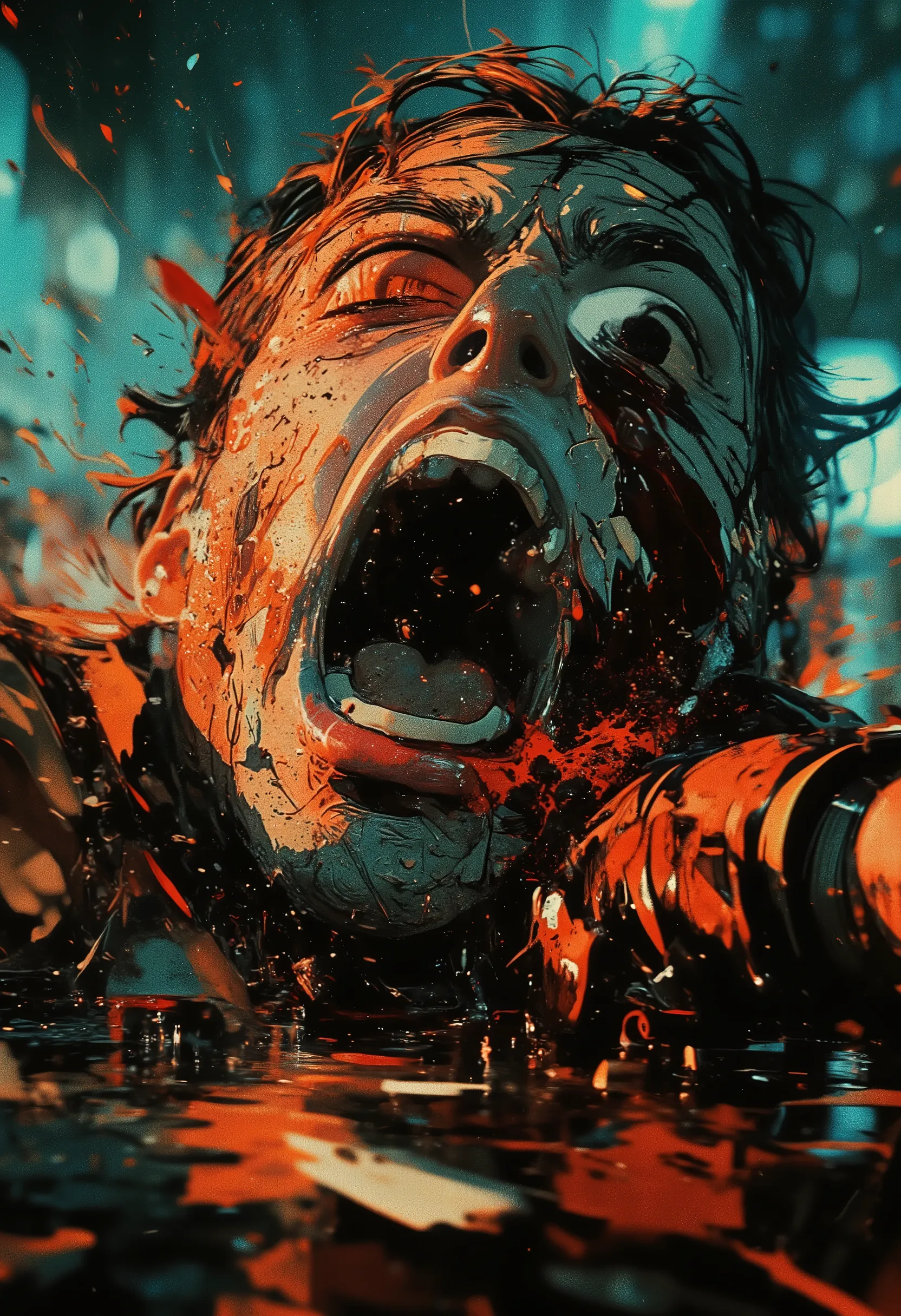 Intense action shot. Extremely dynamic pose, character in the middle of movement. An extremely detailed close-up shot of a young man's face at the moment of hitting the asphalt after he was hit by a car. Shock, pain, and suffering are reflected on his face...