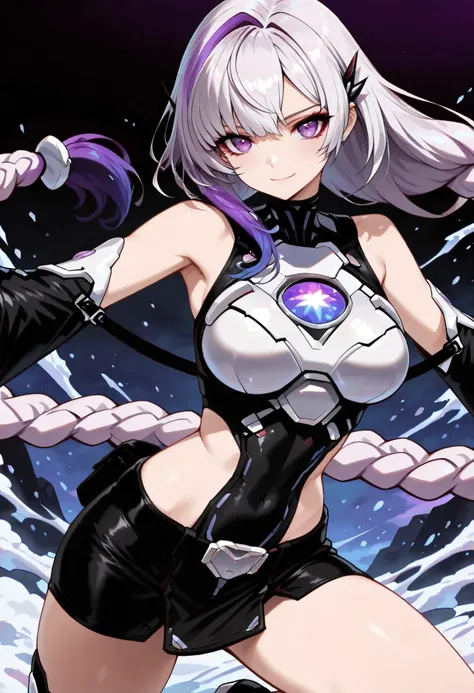 (Highest Quality:1.2, very well detailed, animeスタイル:1.37, anime, high contrast, masterpiece:1.2, Highest Quality, Best Aesthetics), 1 woman, cybersuit,  sleeves are split , Bare Shoulder, black top, Silver Breastplate, Chest Energy Disc, black miniskirt, (...