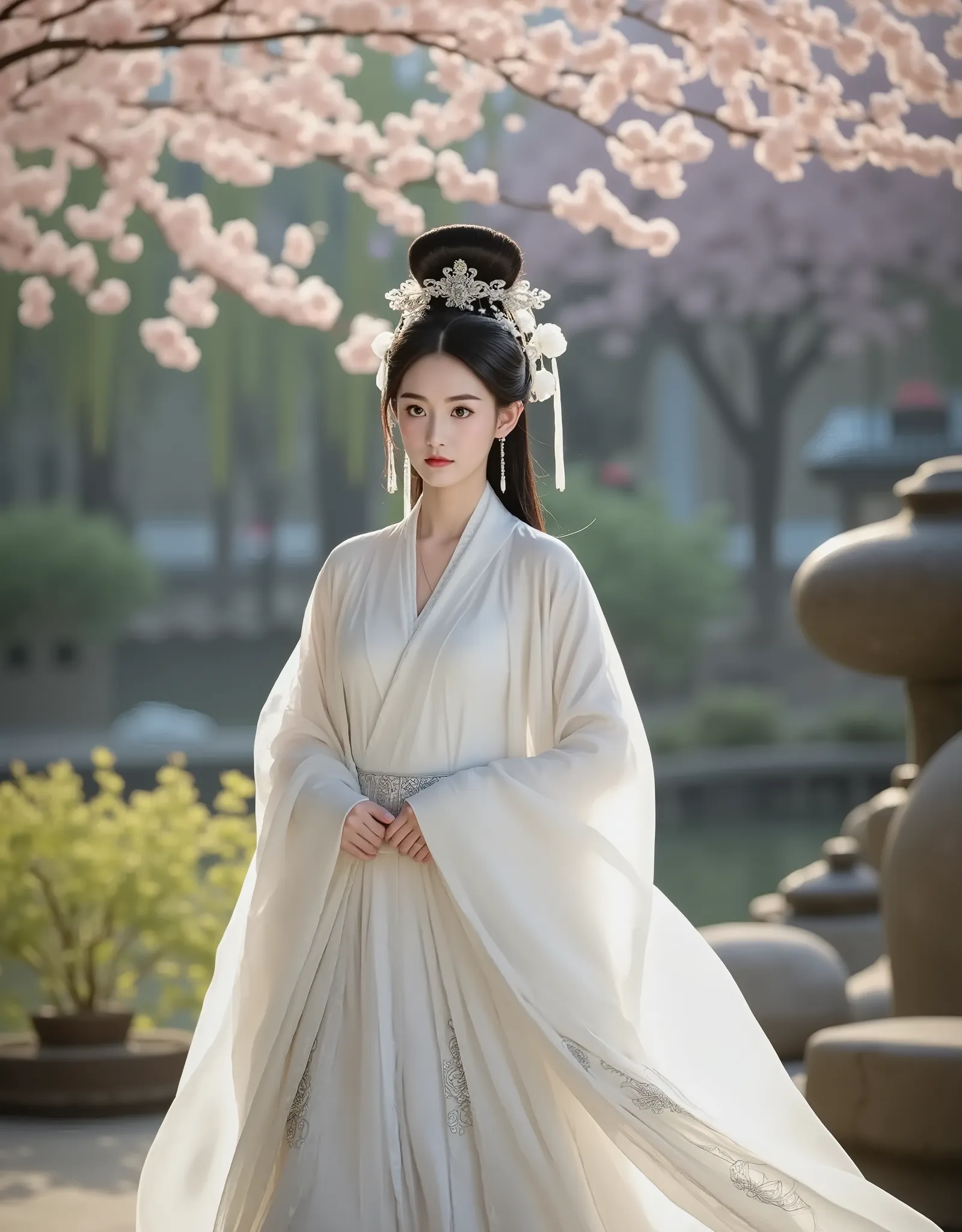 [CHARACTER: Tang Dynasty Noblewoman] Appearance: A graceful Chinese noblewoman with fair skin, delicate features, and a serene expression of gentle confidence. Outfit: Wearing a **luxurious white Tang Dynasty hanfu**, layered with flowing silk and embroide...
