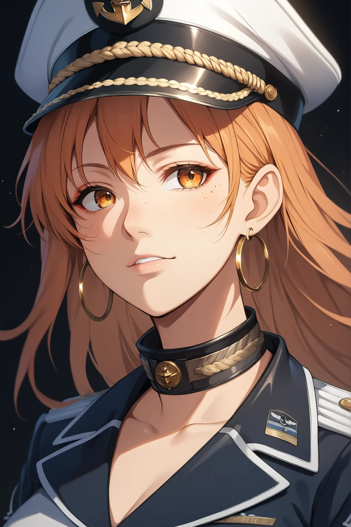 ((extreme quality)), ((masterpiece)), ((RAW 8K)), ((extreme photorealism)), ((hyper-detailed skin texture)), ((studio-grade lighting)), ((warm natural tones)), ((extreme eye detail)), ((anime-real fusion)), Nami in One Piece as a Marine Admiral — waist-up ...
