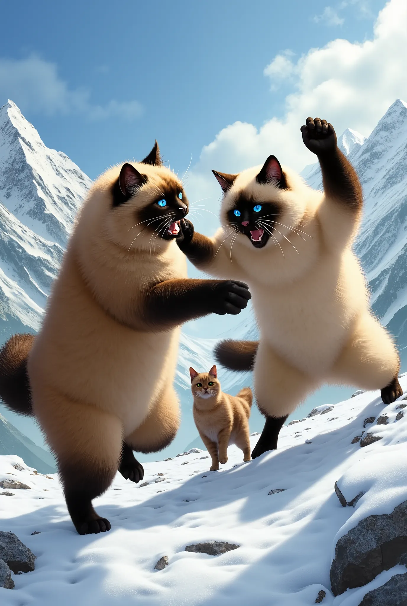 2 Himalayan cats hit each other ,they want to conquer a Siamese cat