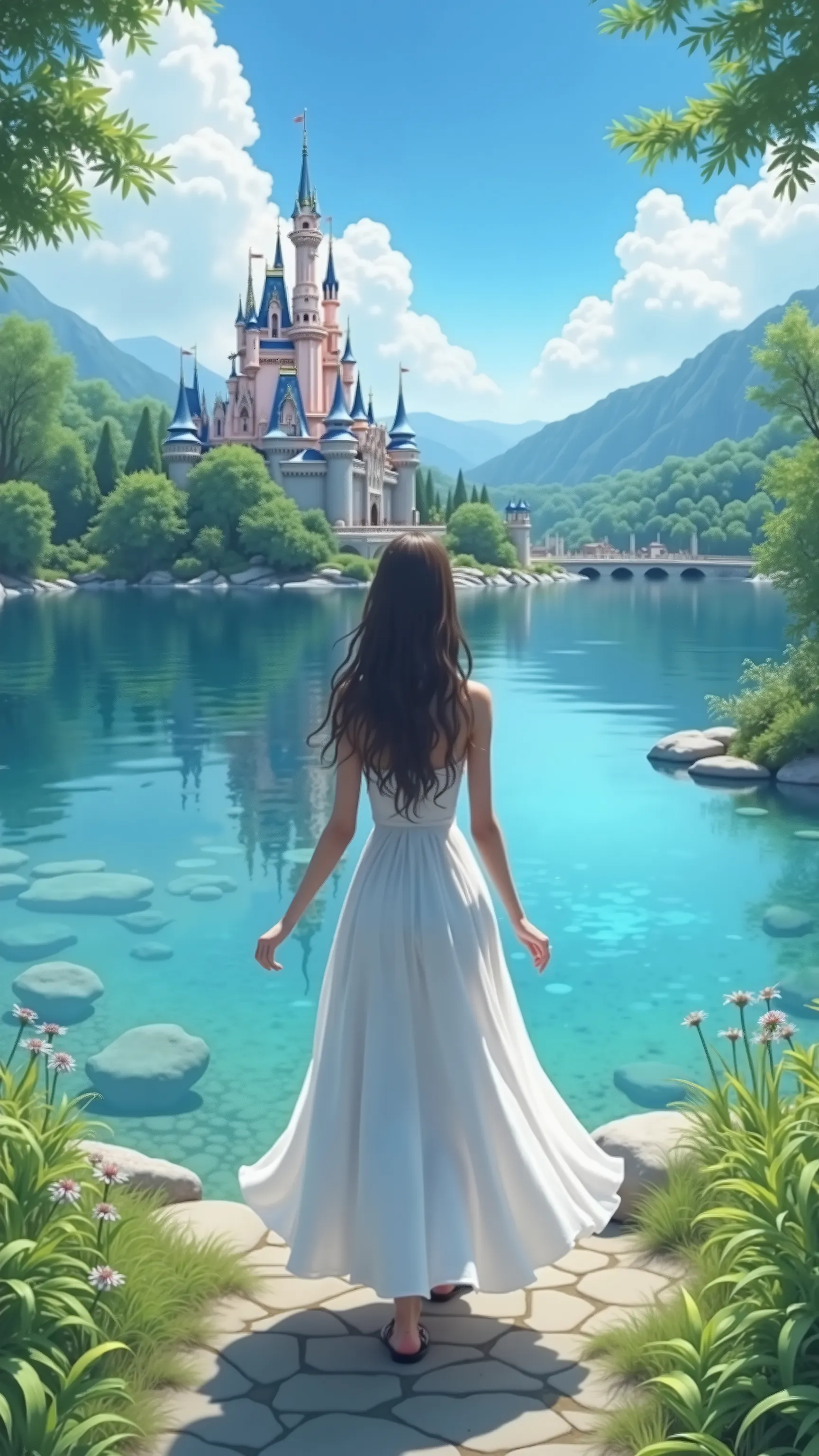 With high definition images, The beautiful and clear lake scenery plays the leading role , ,field,（ Disney Castle ） I can also see a colorful castle on the other side of the lake、A girl in the distance ,  face details,  magic , White satin dress。