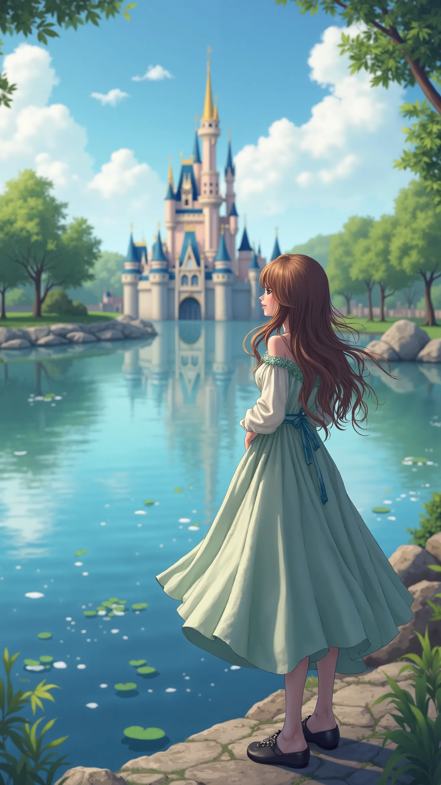 With high definition images, The beautiful and clear lake scenery plays the leading role , ,field,（ Disney Castle ） I can also see a colorful castle on the other side of the lake、A girl in the distance ,  face details,  magic , ピンクの satin dress。