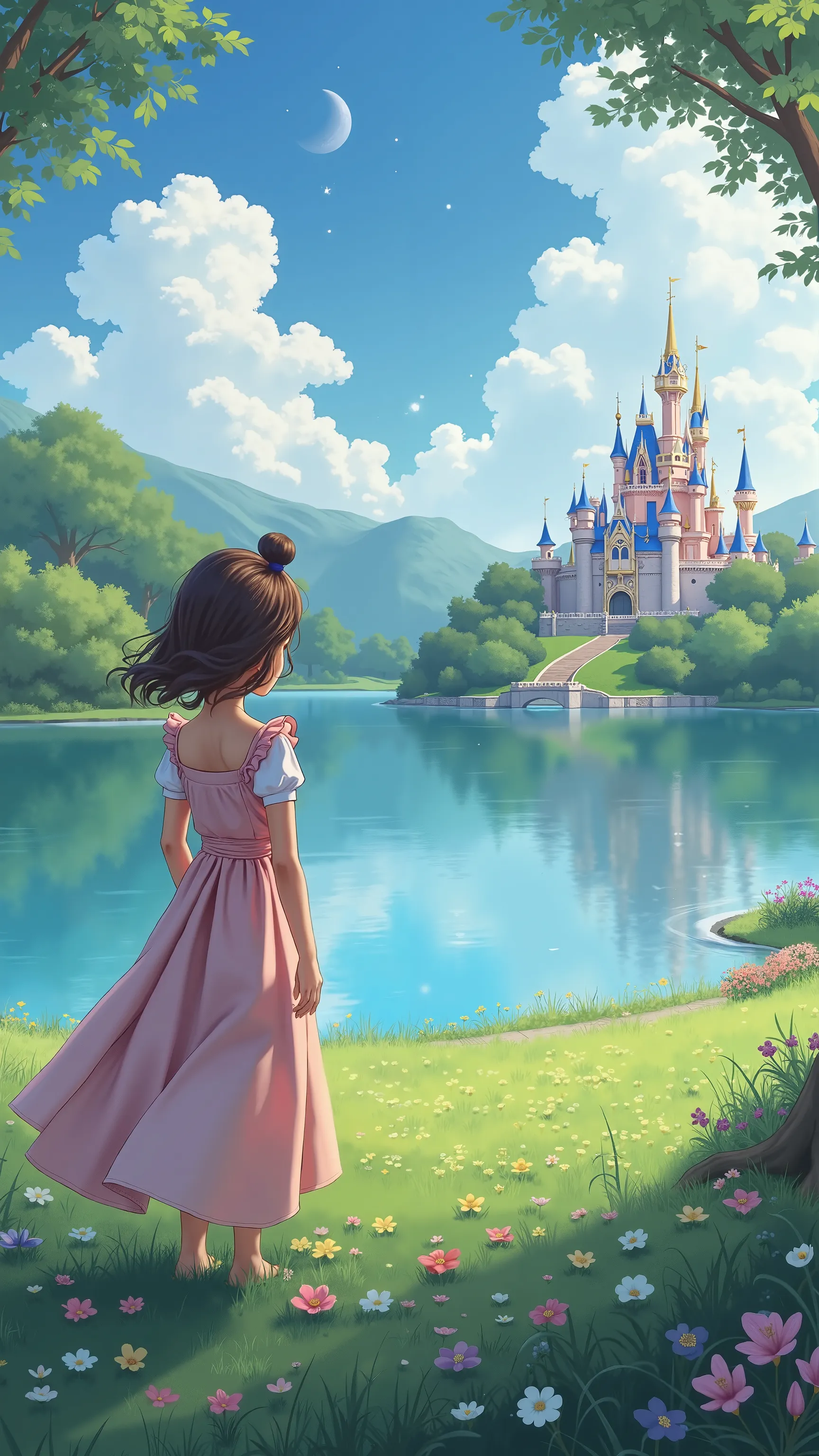 With high definition images, The beautiful and clear lake scenery plays the leading role , ,field,（ Disney Castle ） I can also see a colorful castle on the other side of the lake、A girl in the distance ,  face details,  magic , ピンクの satin dress。