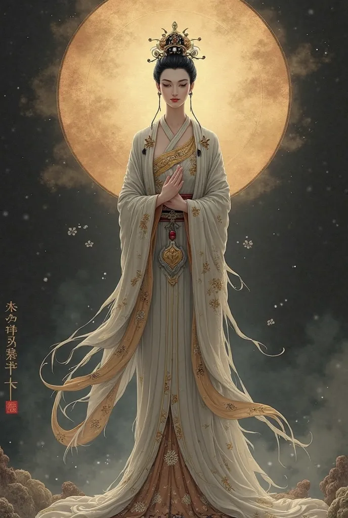  ink painting style, Buddhism, Guanyin Bosatsu costume, Japanese woman wearing a costume from the Tang Dynasty, dark background, Radial Light Shines, and look at the camera, full body image, Show your right palm in front of your chest, point your left hand down to show your palm