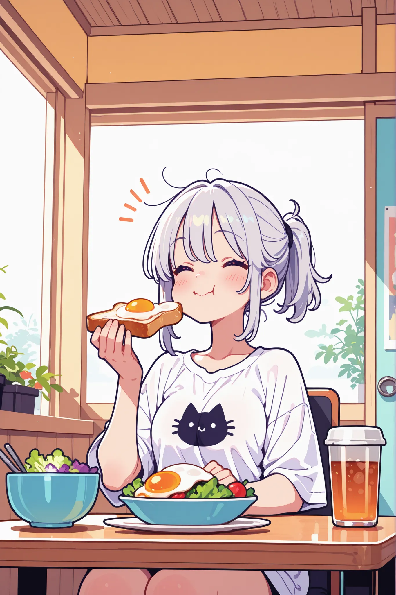 morning,indoor,a cute girl,silver hair,short ponytail,big smile,happy,shirt with cat print,
sitting,eating toast with a fried egg on it,a small bowl with salad on table,a cup of cold tea,
((ultra detailed perfect piece)),illustration,masterpiece,(extremel...