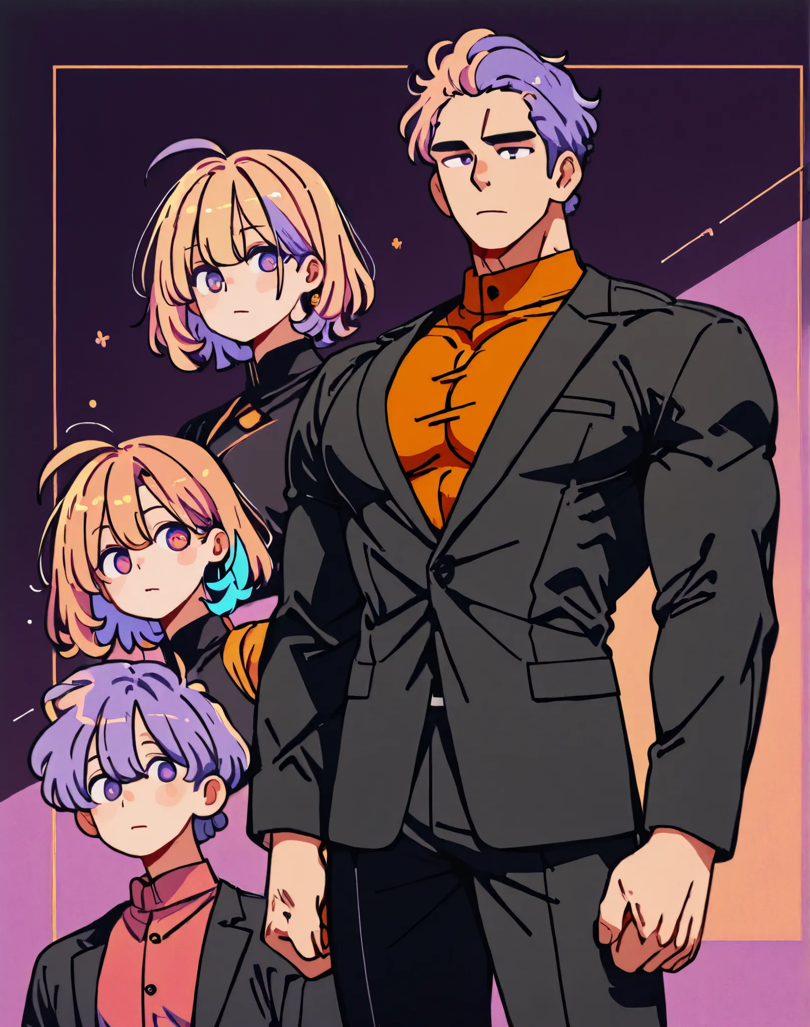 hazelnut colored eyes. sunny-colored hair. 180cm 75kg. 265 foot cm. firm, muscular body. ratio of non-women is good. natural garma perm. red wine-colored shirt. black suit. Expressionless face. intelligent . guy 1, male