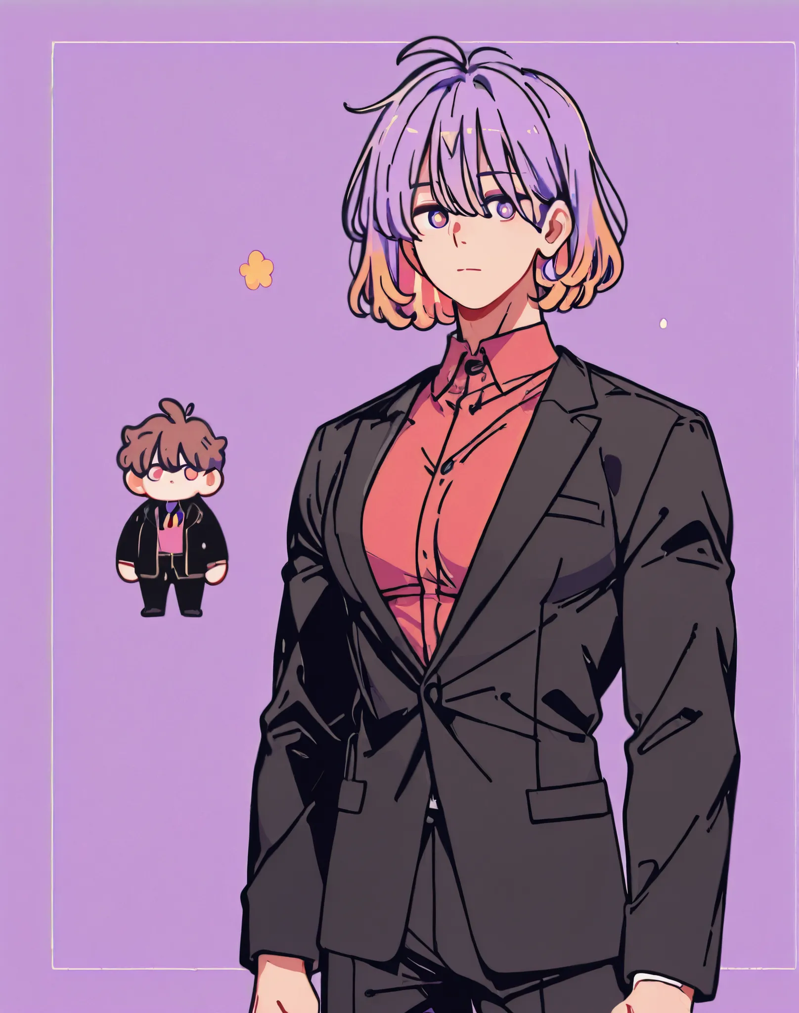 hazelnut colored eyes. sunny-colored hair. 180cm 75kg. 265 foot cm. firm, muscular body. ratio of non-women is good. Men's Natural Garma Perm. red wine-colored shirt. black suit. Expressionless face. intelligent .
