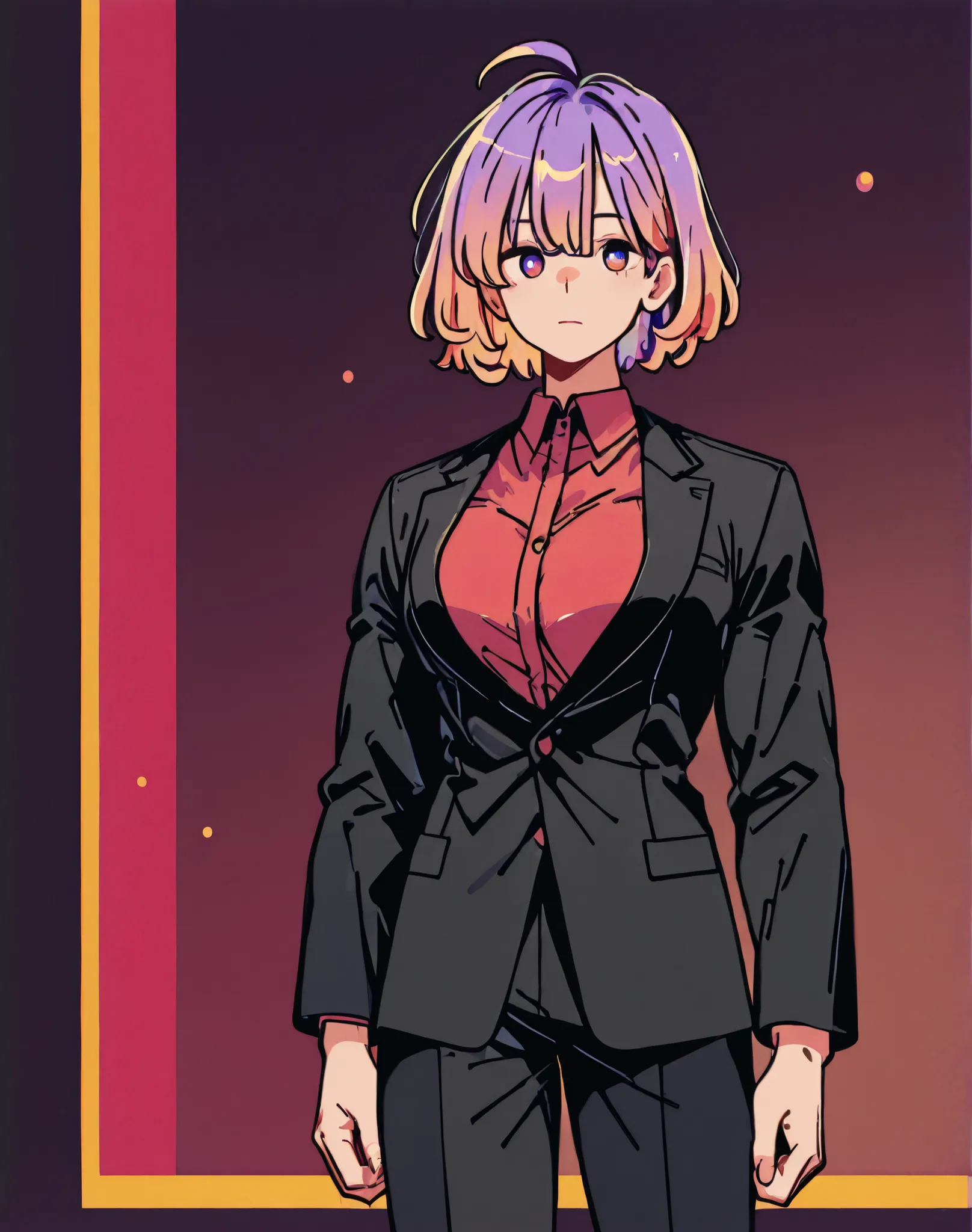 hazelnut colored eyes. sunny-colored hair. 180cm 75kg. 265 foot cm. firm, muscular body. ratio of non-women is good. natural garma perm. red wine-colored shirt. black suit. Expressionless face. intelligent . guy 1